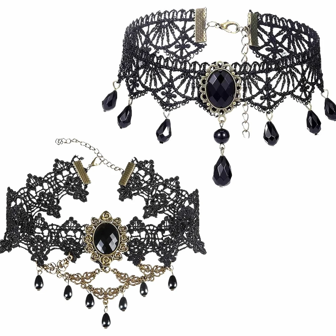 Collana Girocollo Gotica in Pizzo Set da 2 Pezzi Nero con Strass Ciondolo a Goccia