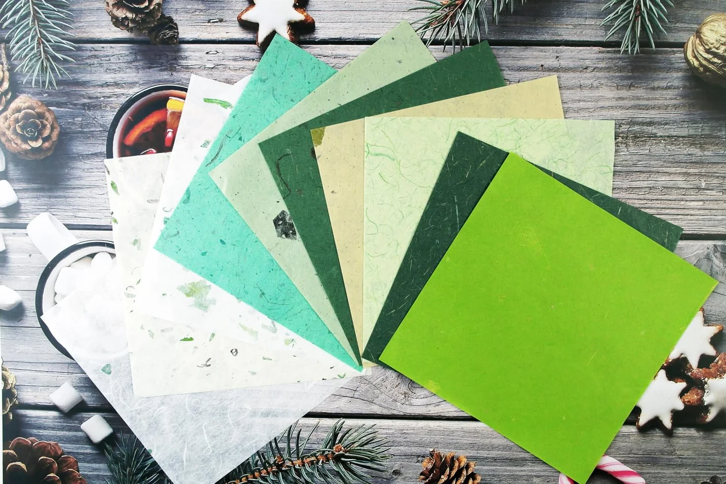 Carta per origami quadrata 15,2 x 15,2 cm fibra naturale di gelso 50 fogli (Verde misto)