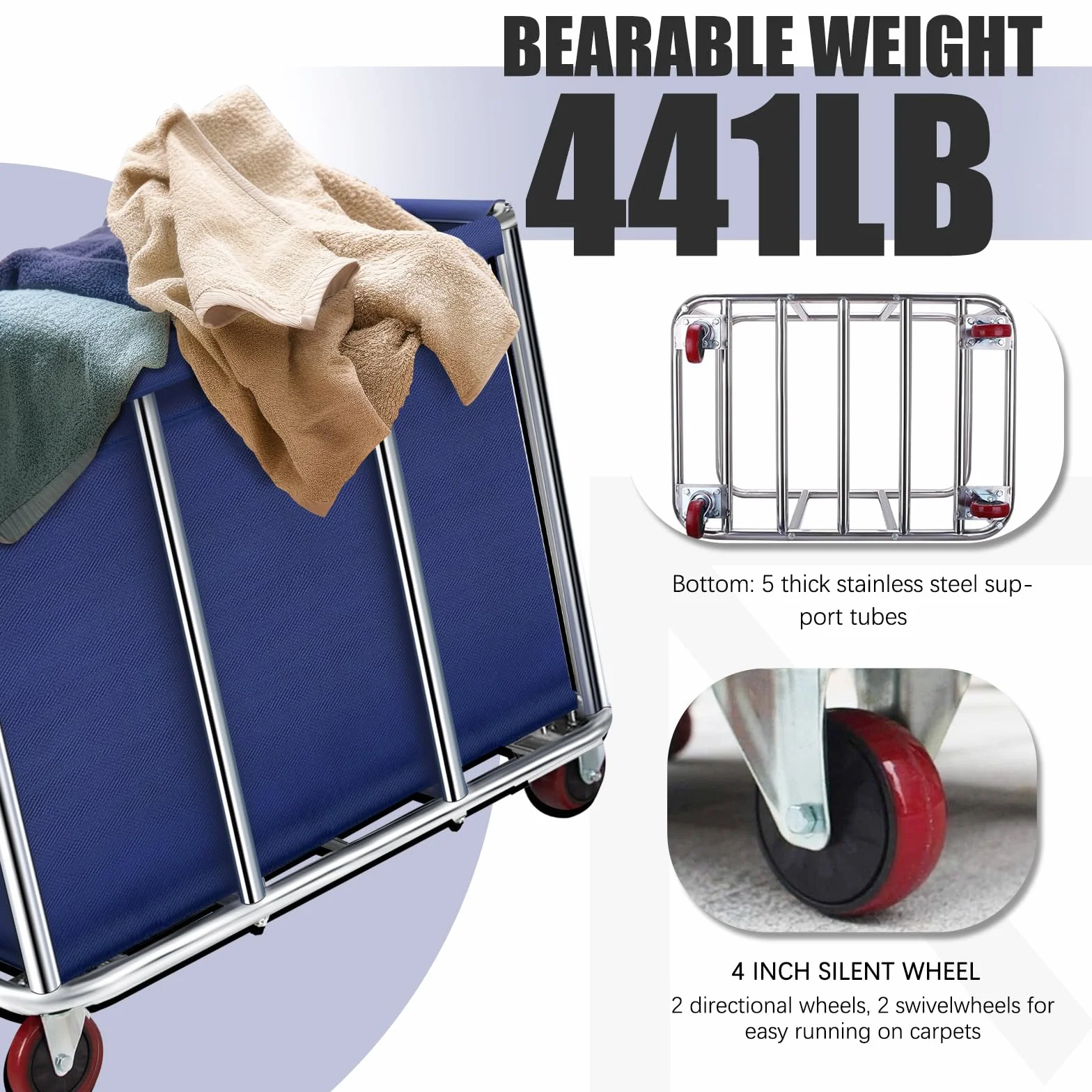 Carrello portabiancheria commerciale su ruote, grande rullo da 11,35 cm, con cesto foderato in tela impermeabile rimovibile, in acciaio inox resistente, per hotel e ospedali