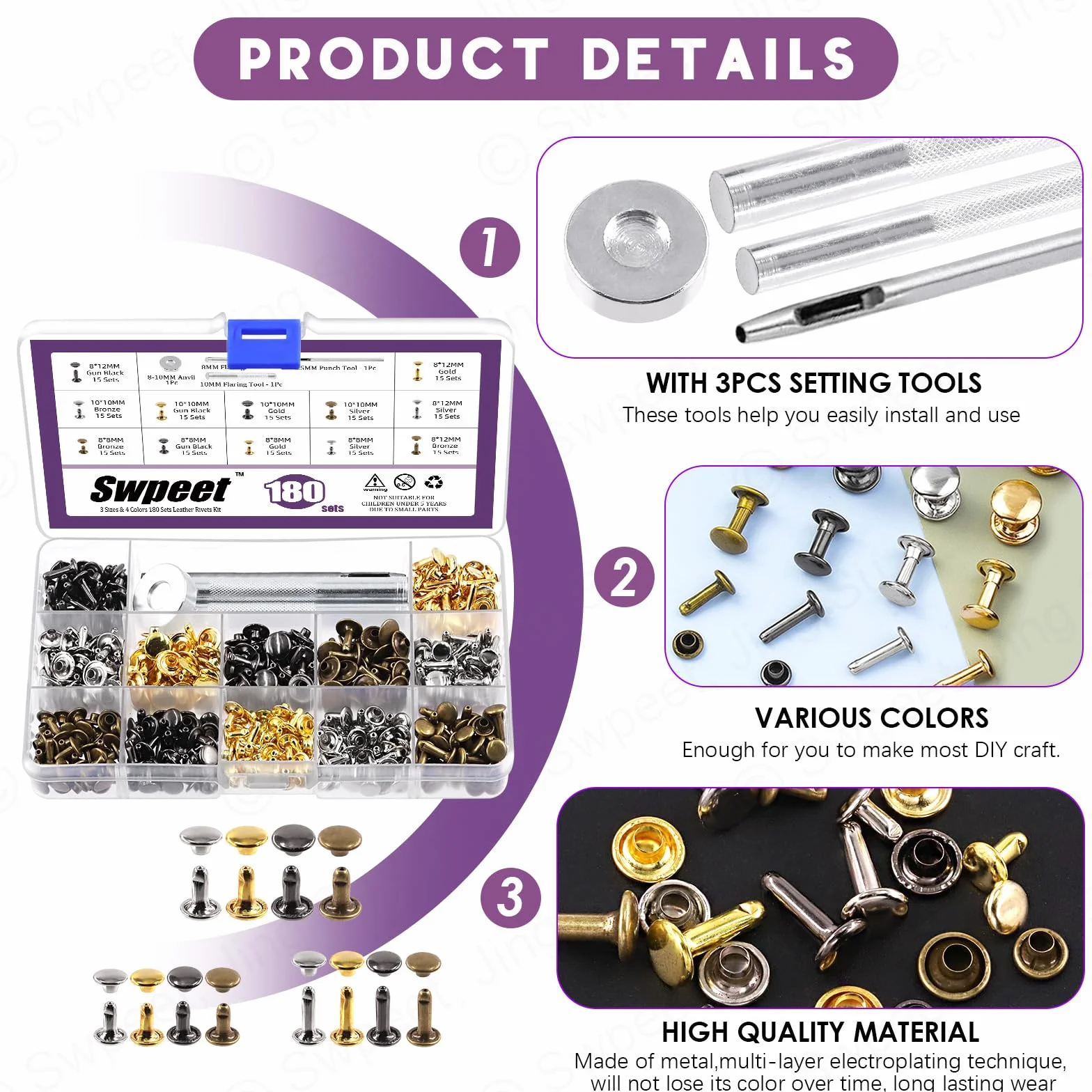 Swpeet 180 set 4 colori 8mm 10mm 12mm rivetti in pelle rivetti doppio cappello con 4pcs strumenti di fissazione Kit assortimento, rivetti in pelle rivetti doppio cappello tubolare per fai da te