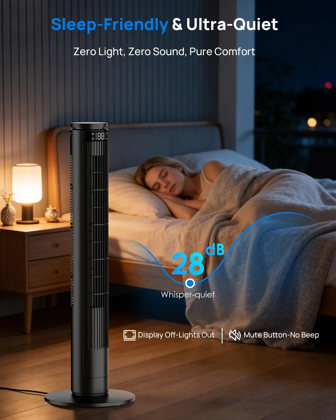 Ventilatore a Torre 92cm con Schermo LED Regolabile (Spegnimento Totale) e Telecomando con Tasto Muto, Ventilatori a Colonna Silenziosi 28dB, 6 Velocità+5 Modalità, Oscillazione 70°, 8m/s, Timer 12h