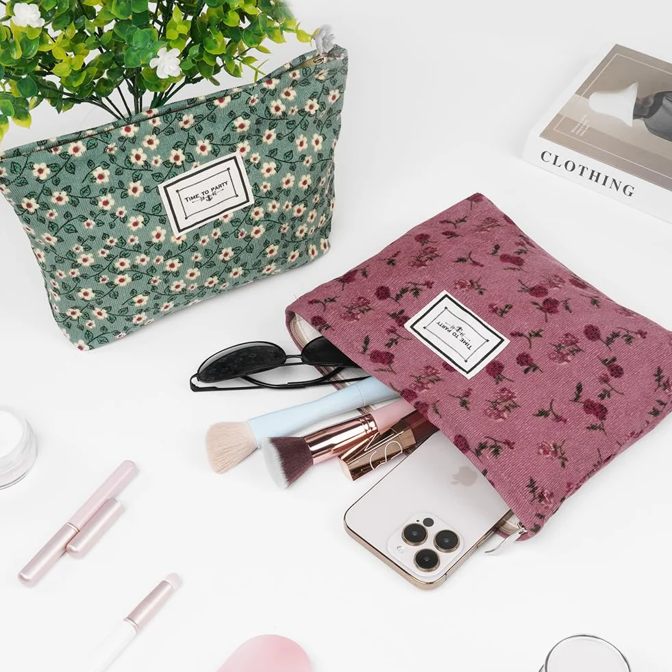 Aucuu Beauty Case da Viaggio 2 in 1 Borsa Cosmetici Donna Floreale Velluto a Coste
