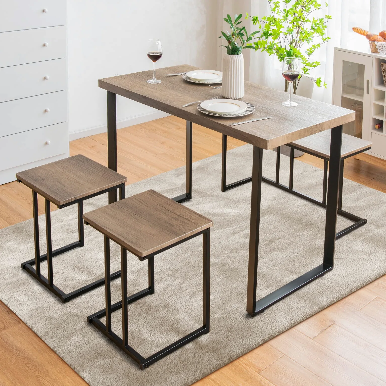 RELAX4LIFE Tavolo da Pranzo 4 Pezzi, Set Tavolo Cucina con Panca 2 Sgabelli, Tavolo da Bar con Struttura in Metallo, Gruppo Sedute per 4 Persone, Design Industriale, Rovere Grigio