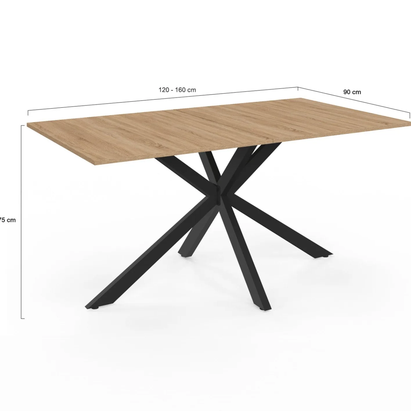IDMarket - ALIX Tavolo da pranzo rettangolare allungabile per 4-8 persone con gamba in legno e ragno nero 120-160 cm