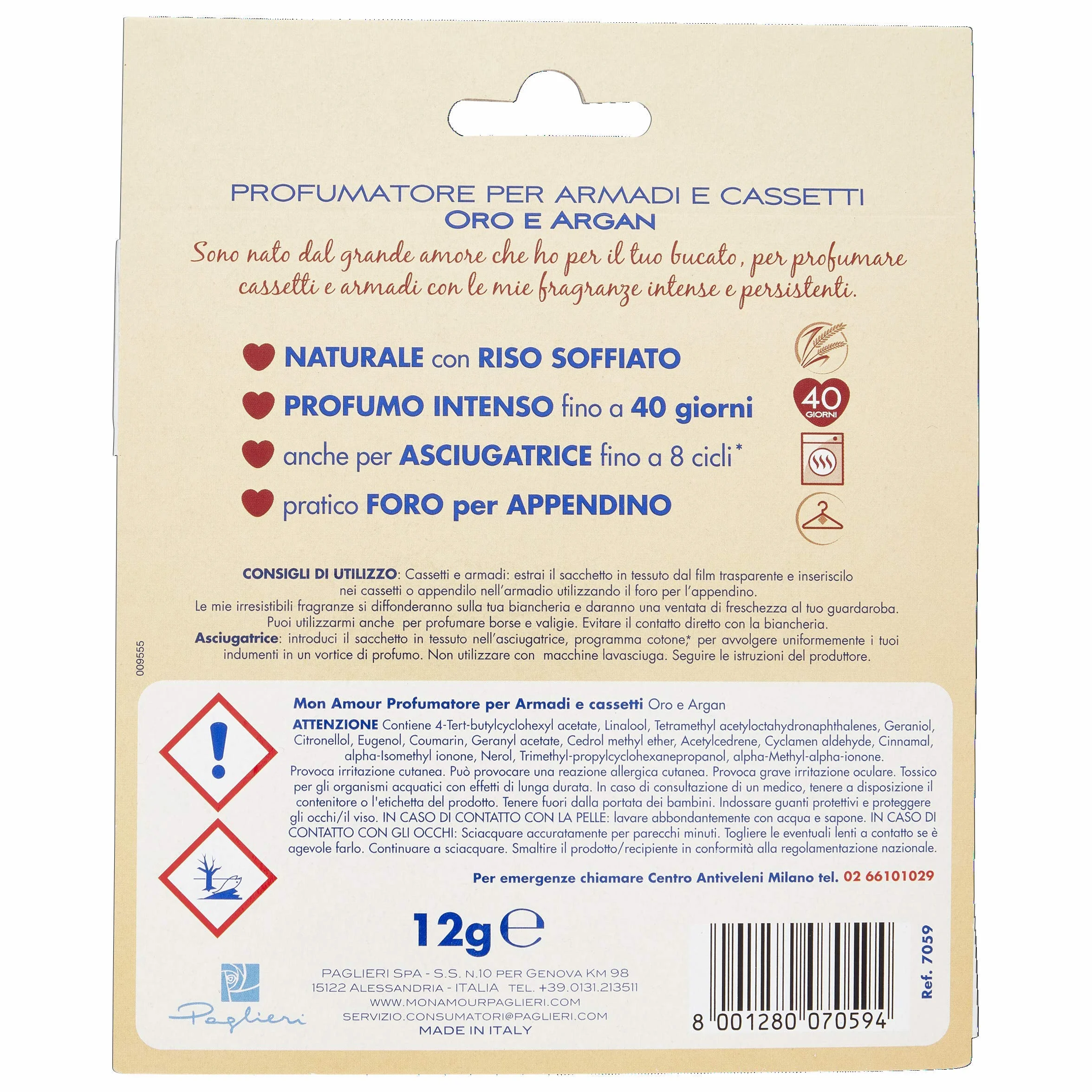 Mon Amour- Sacchetto Profumato Oro e Argan, Profumatore per Ambienti Piccoli, Armadio, Cassetti e Pofumatore Asciugatrice, Profumatore Ambiente (Profumo 40 Giorni) Profumatori Appendibili Naturali 12g