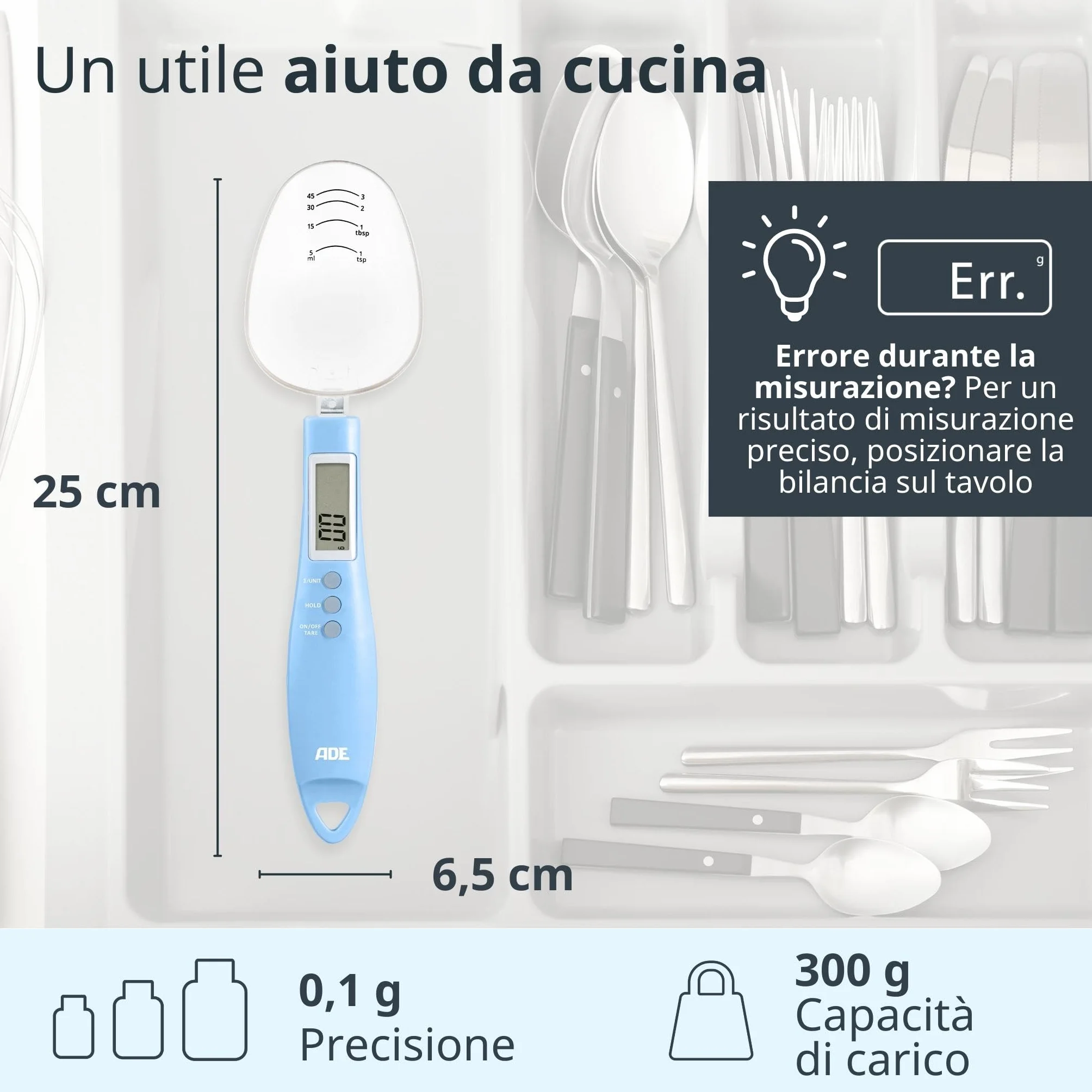 ADE Bilancia digitale a cucchiaio di precisione | bilancia elettronica a cucchiaio dosatore per pesare e dosare precisi | precisione di 0,1 grammi | anche per liquidi | con display LCD | Blu