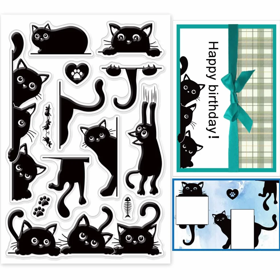 GLOBLELAND Timbri Trasparenti Gatto Nero per Scrapbooking Fai Da Te Bordo Gatto Sigilli per Timbri In Silicone Timbri Trasparenti per Creazione di Carte Album Fotografico Diario 6.3×4.33 Pollici