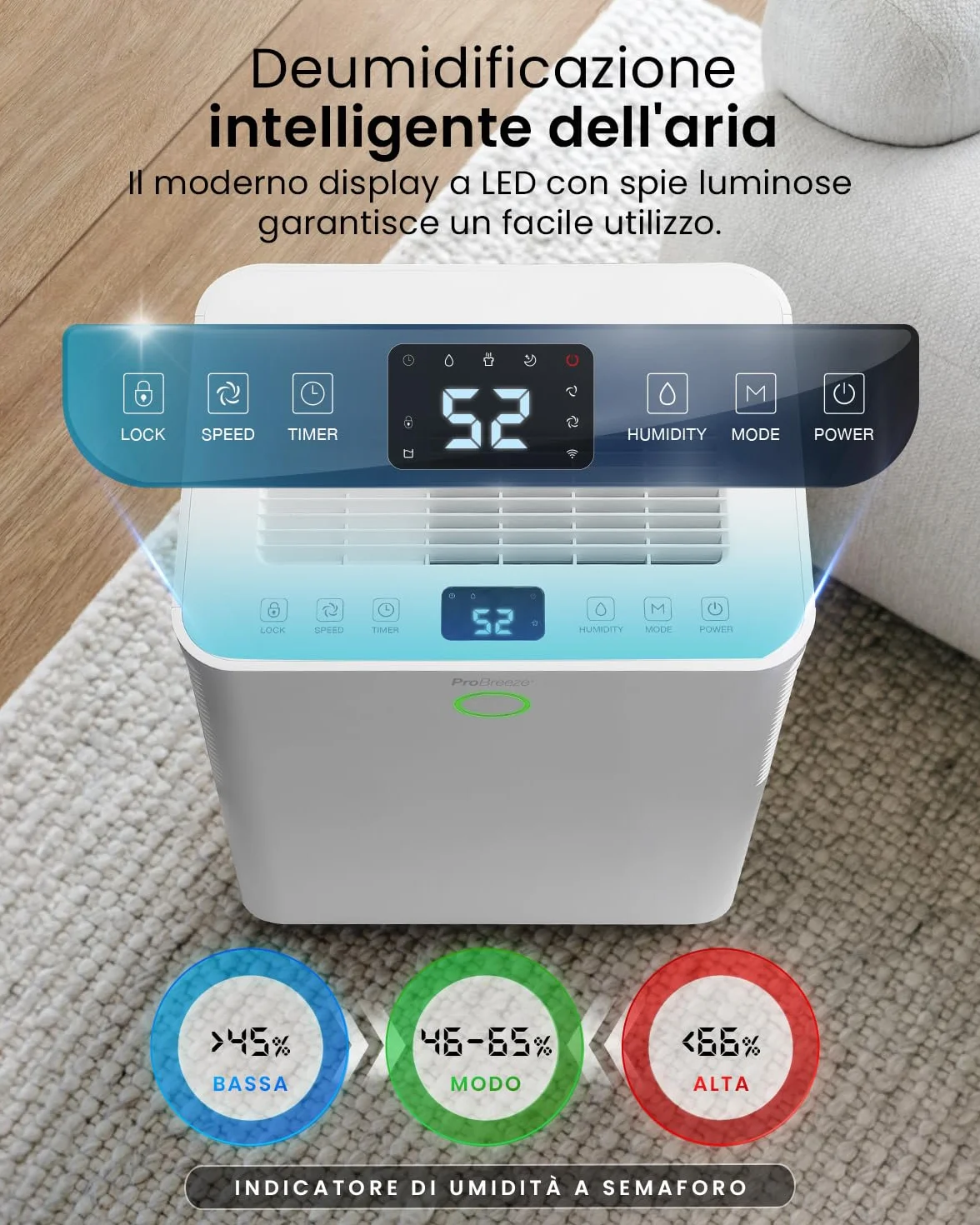 Pro Breeze OmniDry Deumidificatore Casa Muffa 20L/Giorno con Serbatoio da 4L e WiFi, Asciugatura Vestiti, sensore di umidità, Timer 24H, modalità Notturna per umidità, Muffa e condensa (30 m²)