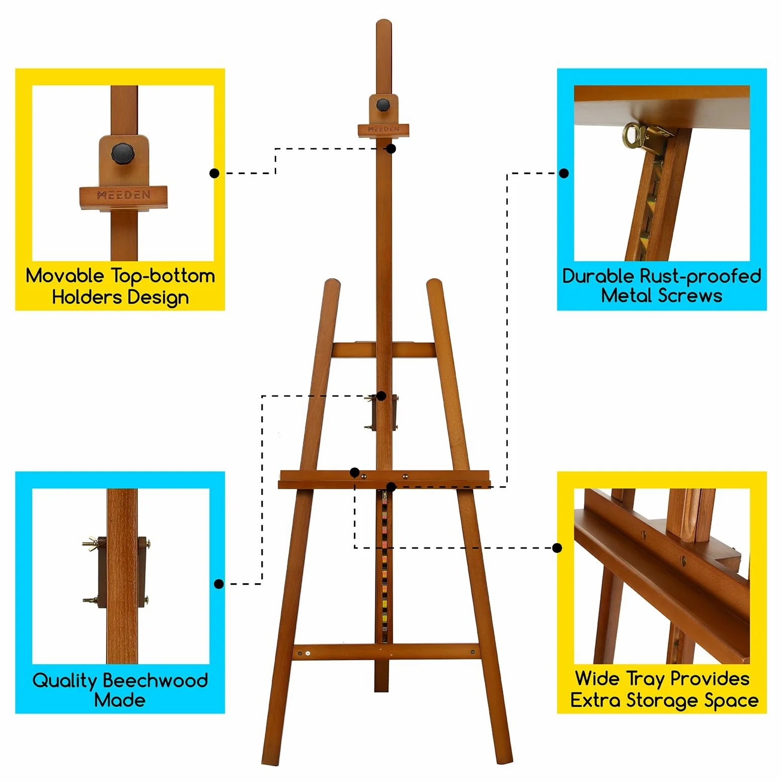MEEDEN Cavalletto da Pittura in Legno Per Arte: Cavalletto da Esposizione in Legno Massiccio di Faggio Supporta Tele Fino a 110 cm - Cavalletto Regolabile da 145-193 cm - Noce