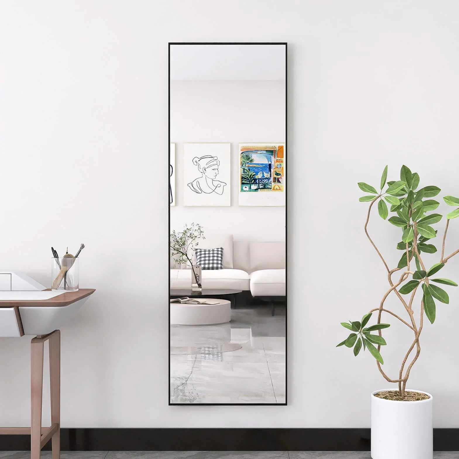 Specchio per tutto il corpo, 180 x 80 cm, specchio da terra rettangolare, cornice in lega di alluminio, specchio da terra, vetro antifrantumi, per camera da letto, soggiorno, ingresso, Nero