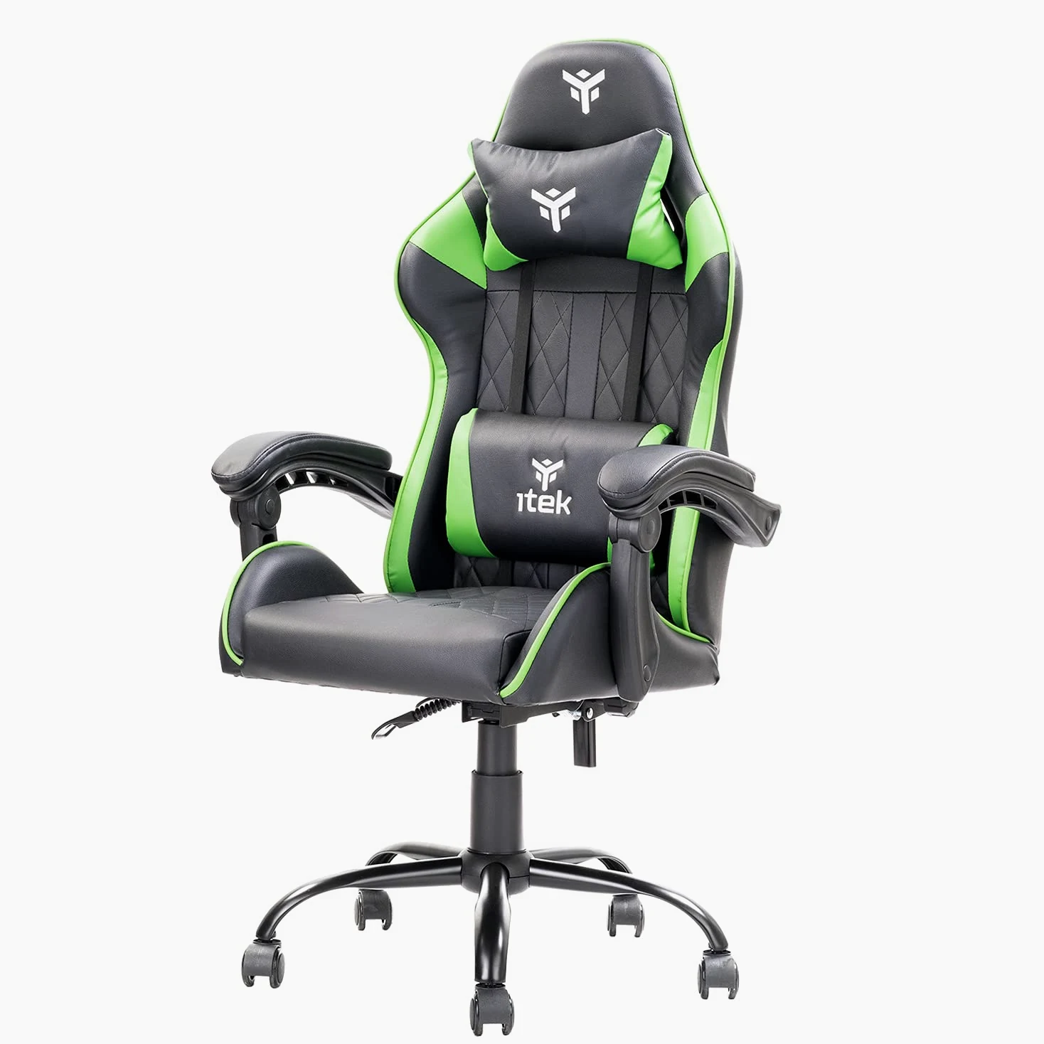 ITEK RHOMBUS PF10 Sedia Gaming ergon. Verde, schienale reclinabile, cuscino poggiatesta, sup. lombare, confort e design, ideale come sedia ufficio, sedia per studio o poltrona per gamer