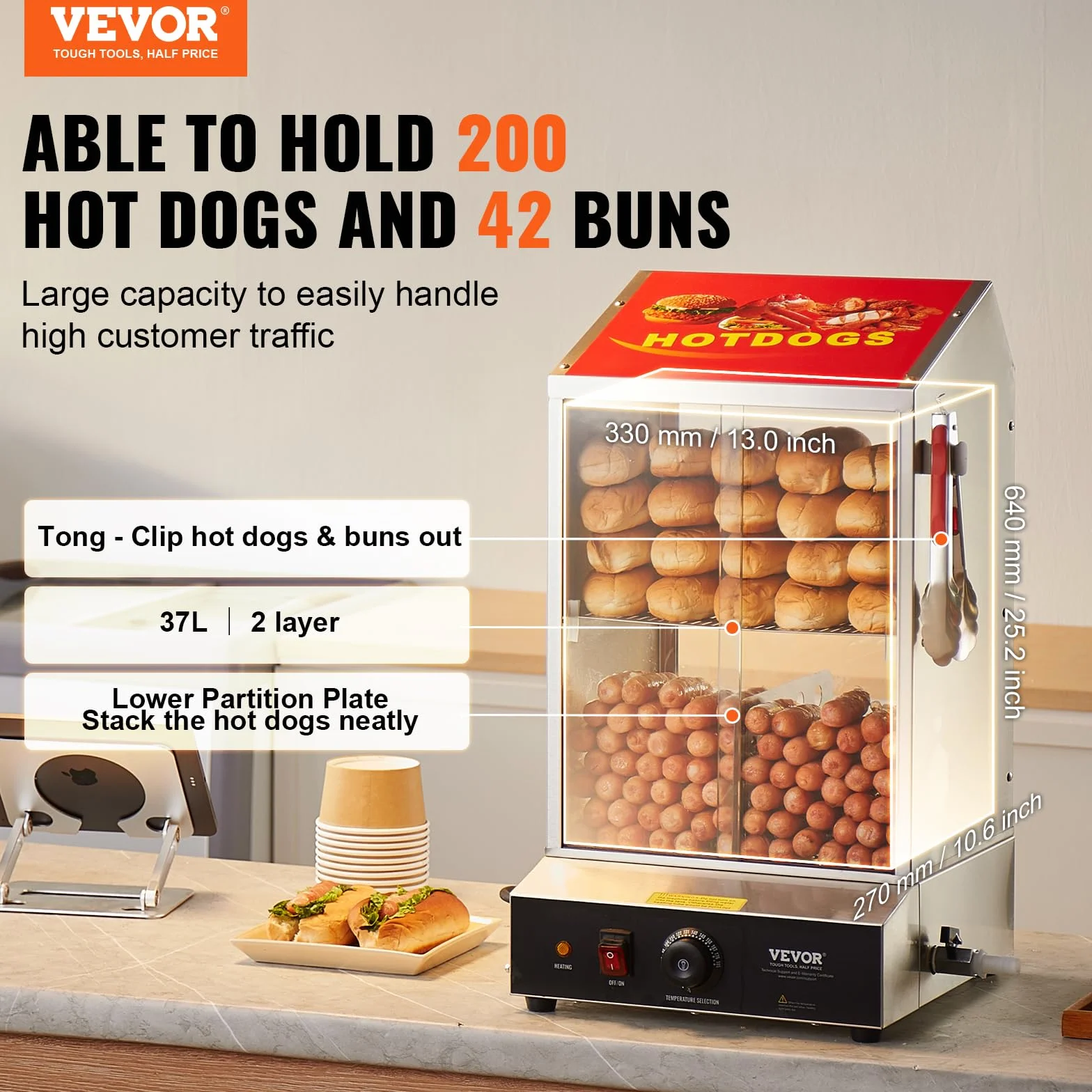VEVOR Macchine per Hot Dog a Vapore 37L da 2 Ripiani, Controllo Temperatura 30℃~85℃, Macchina Scalda Panini Elettrico con Porte Scorrevoli in Vetro Temperato Piastra Divisoria per Hot Dog Panini