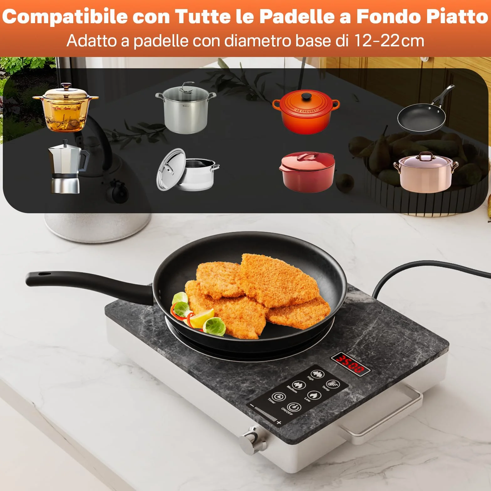 Piastra Ceramica a Infrarossi 3500W – Cottura Veloce e Sicura, Compatibile con Tutte le Pentole, Superficie in Vetro Microcristallino, Controllo Touch e Funzioni di Sicurezza