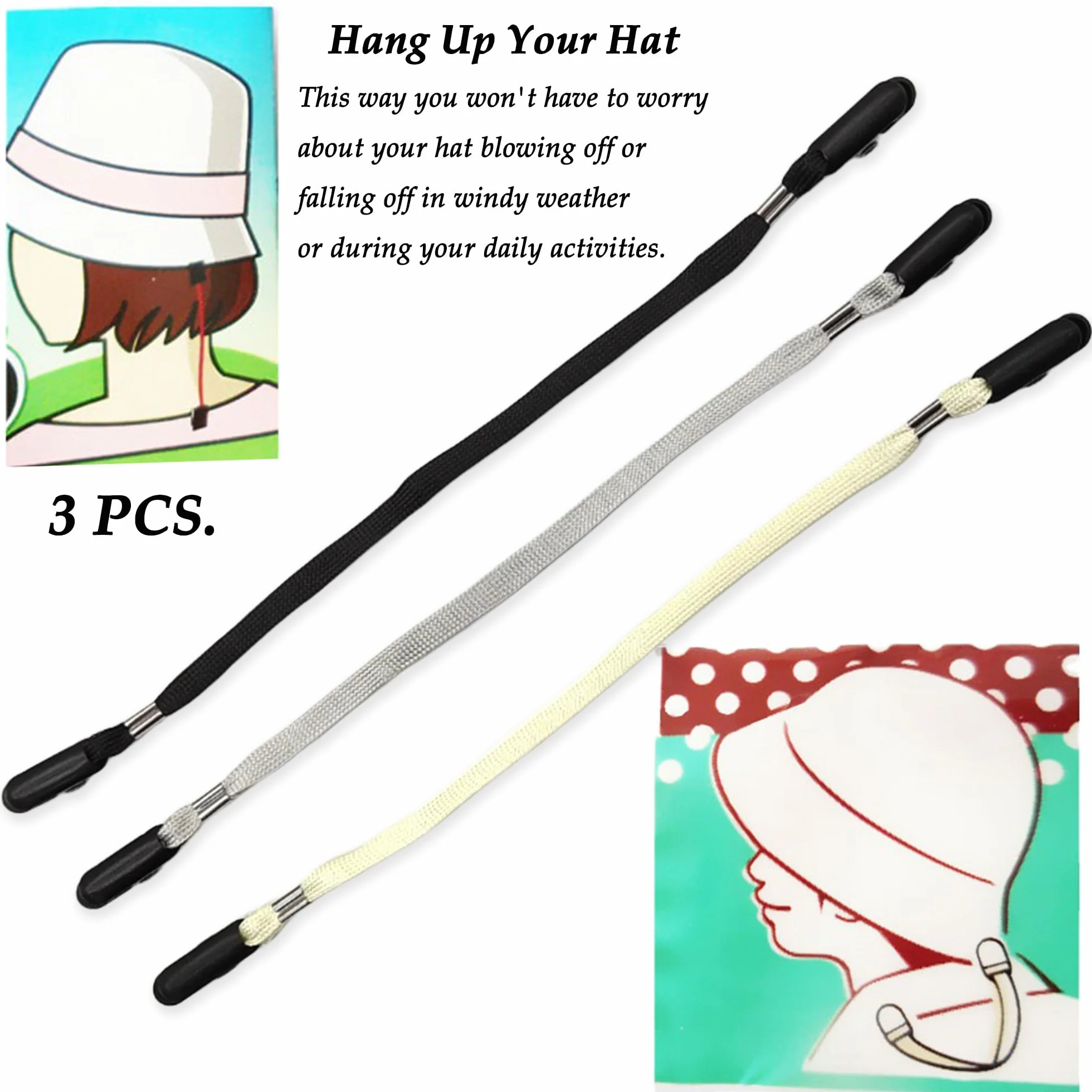 CHENNAN 3 pezzi Fermi per Cappelli con Cordino, Clip per Cappello Corda per Occhiali, Clip Antivento per Cappello, Clip per Cappello Anti-Smarrimento per Pesca,Escursionismo,Campeggio,Viaggi (B)