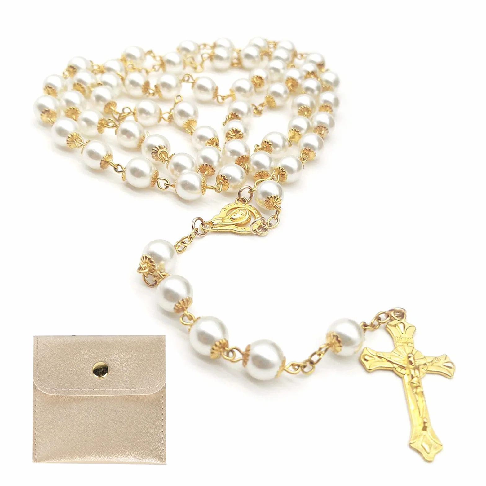 1 rosario cattolico, rosario per comunione con croce retrò, sacchetto regalo in velluto, elegante croce. battesimo, matrimonio, festa. Perle di vetro/plastica, L