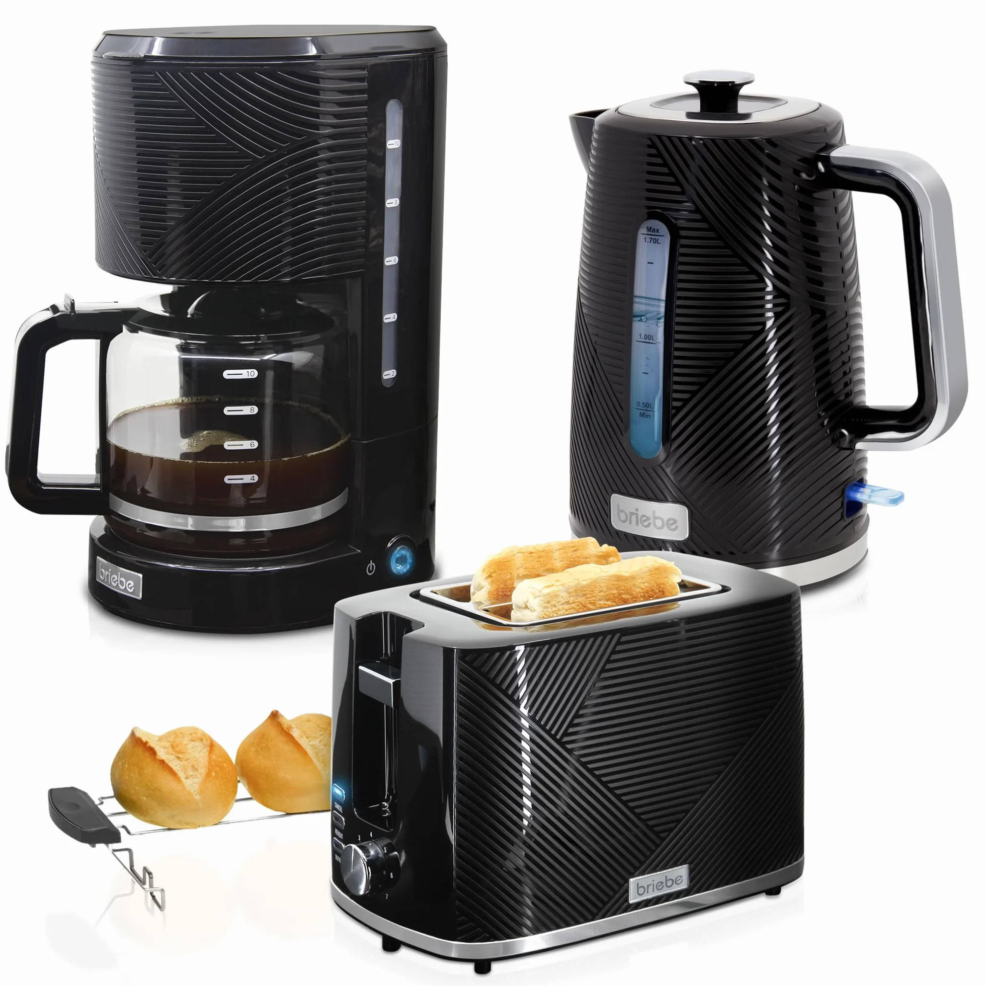 briebe Elegance, Set tostapane con fessura larga 2 fette + bollitore d'acqua elettrico 1,7 l senza fili 2200 W, senza BPA + caffettiera a goccia con filtro 10 tazze 1,25 l, set colazione design