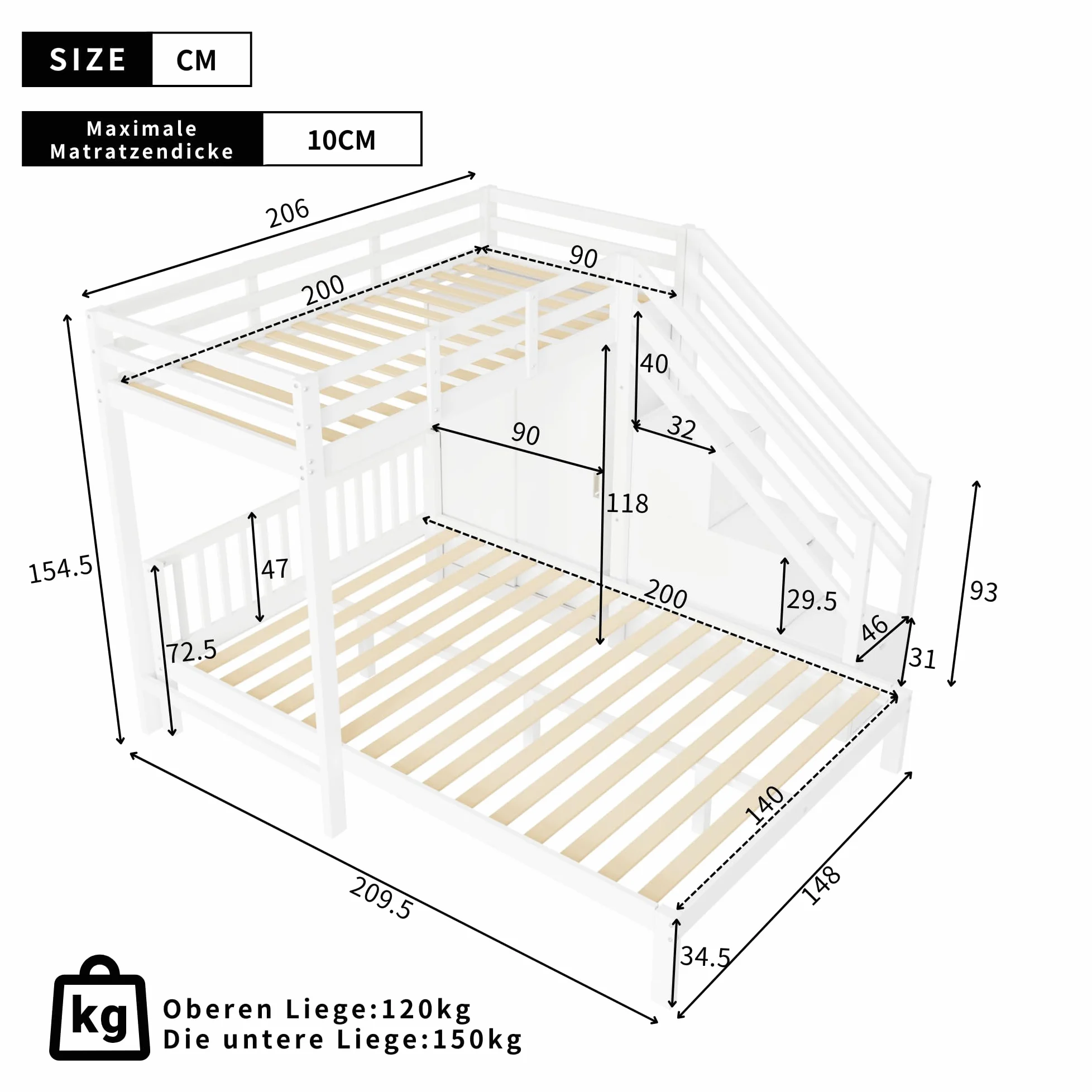 Letto a castello con guardaroba, letto a castello per bambini, 90 x 200 cm + 140 x 200 cm, multifunzione, con scaletta, grande spazio di archiviazione, senza materasso, bianco
