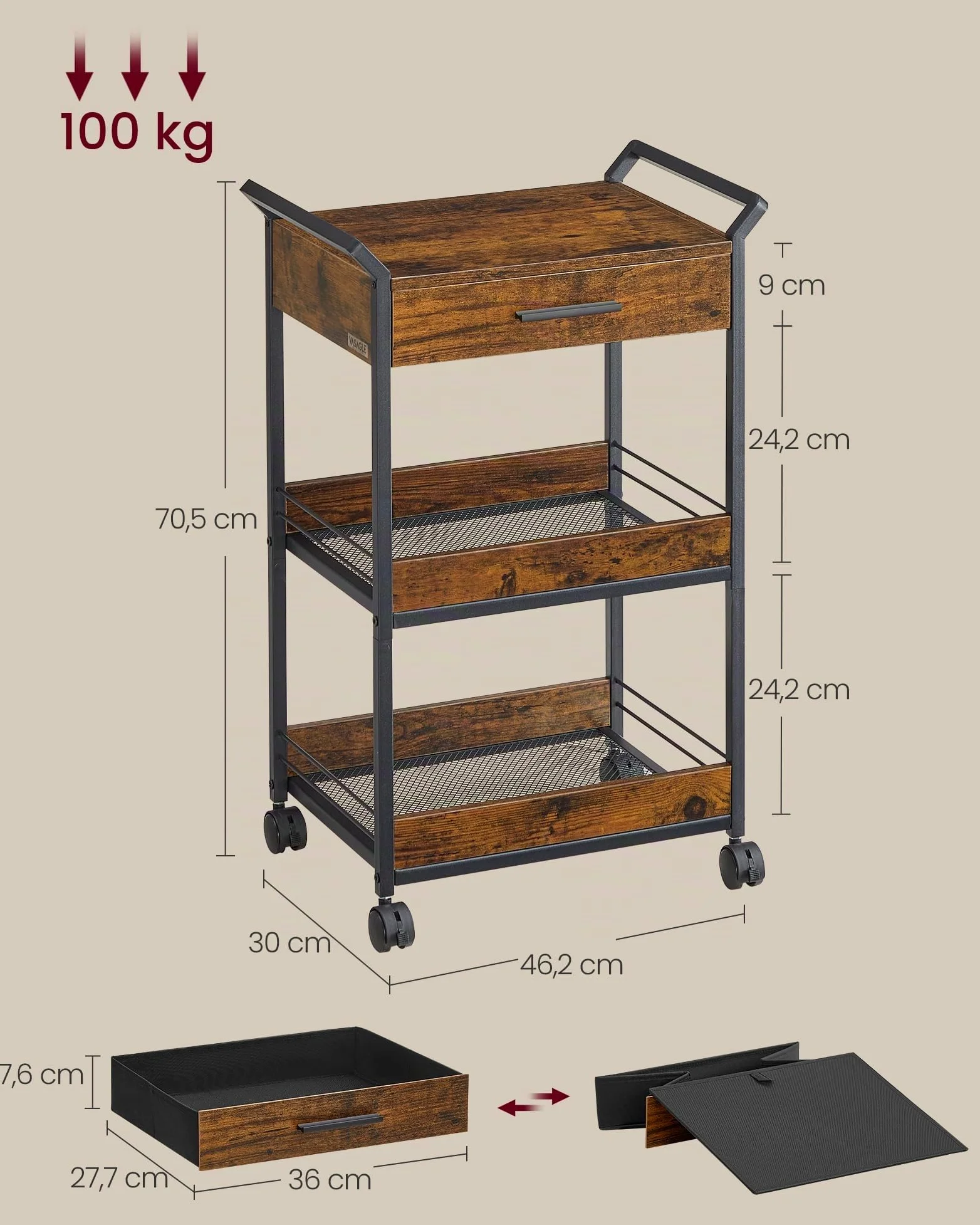 VASAGLE Carrello Portaoggetti a 3 Livelli con Ruote, Cassetto | Carrello di Servizio, Acciaio, Truciolato, con Freno, per Cucina, Bagno, Marrone Vintage e Nero, Collezione DACEY LRC048K01
