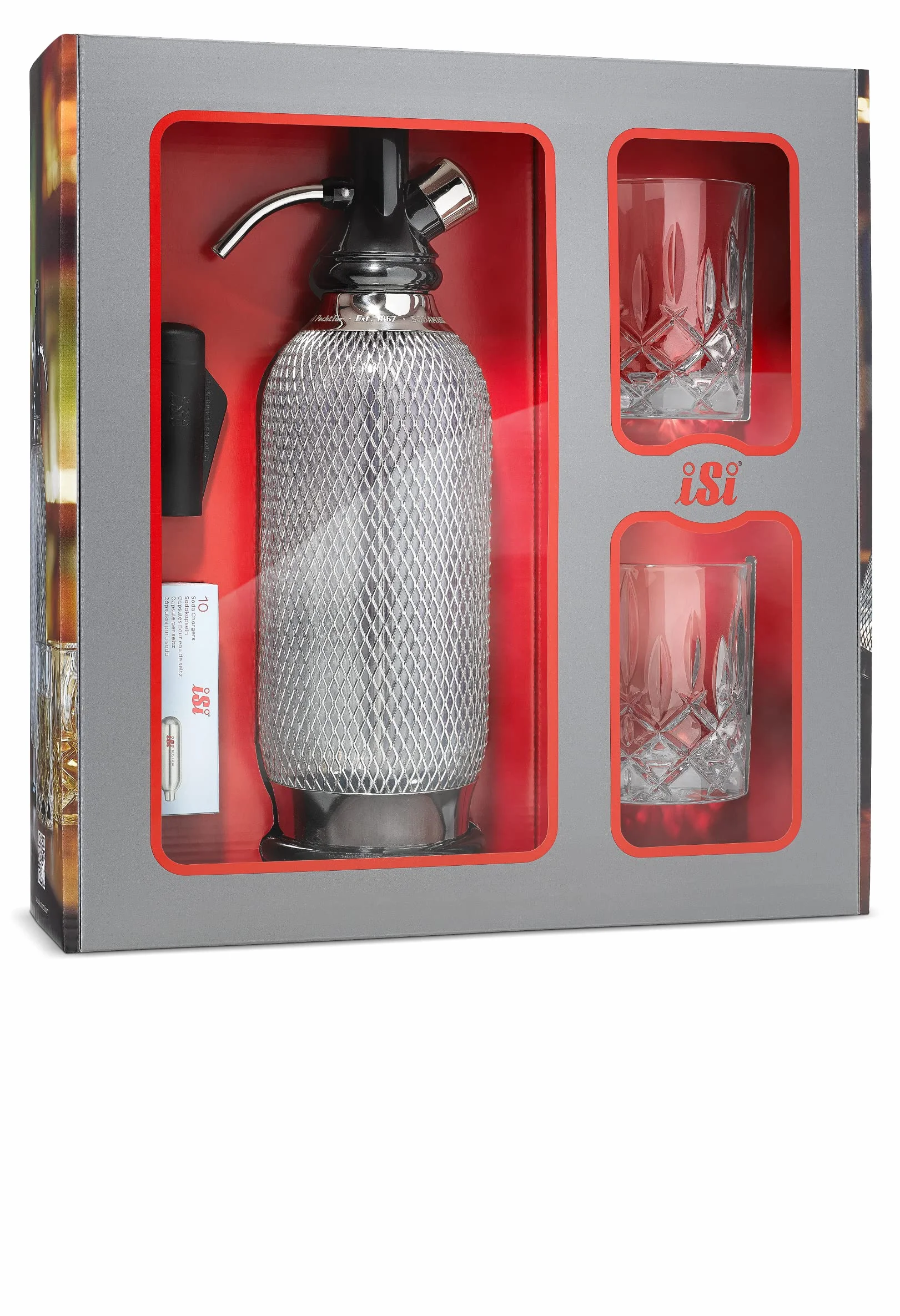 iSi Soda Maker Classic - Set regalo con 2 bicchieri e 10 capsule di soda, sifone di soda 1 l, in acciaio inox, accessori per bar per acqua frizzante