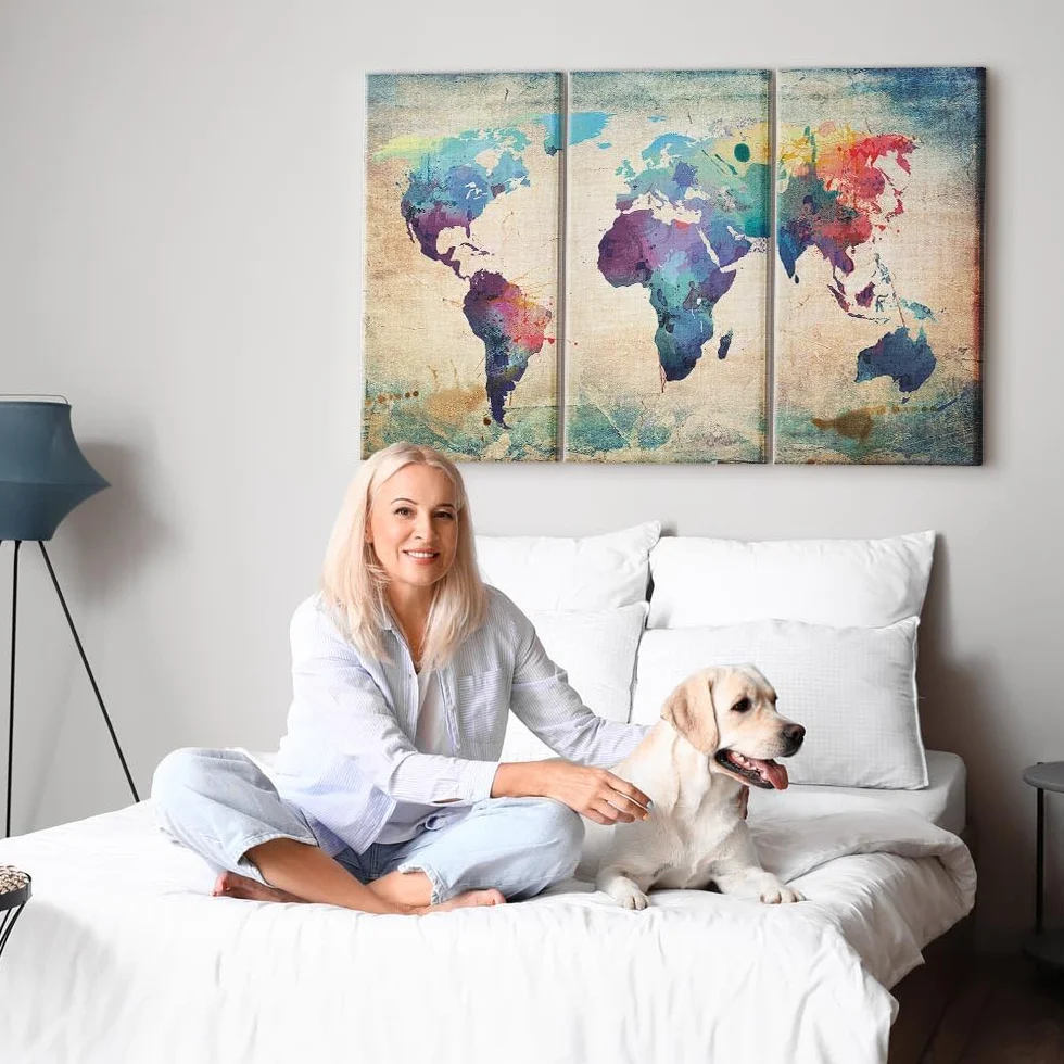 Cuadros B&D XXL - Quadro Grande Mappa del Mondo 120x80 cm 3 Pezzi - Stampa su Tela Strutturata - Quadri Moderni Componibili Camera da Letto Matrimoniale - Planisfero da Parete 020113-47
