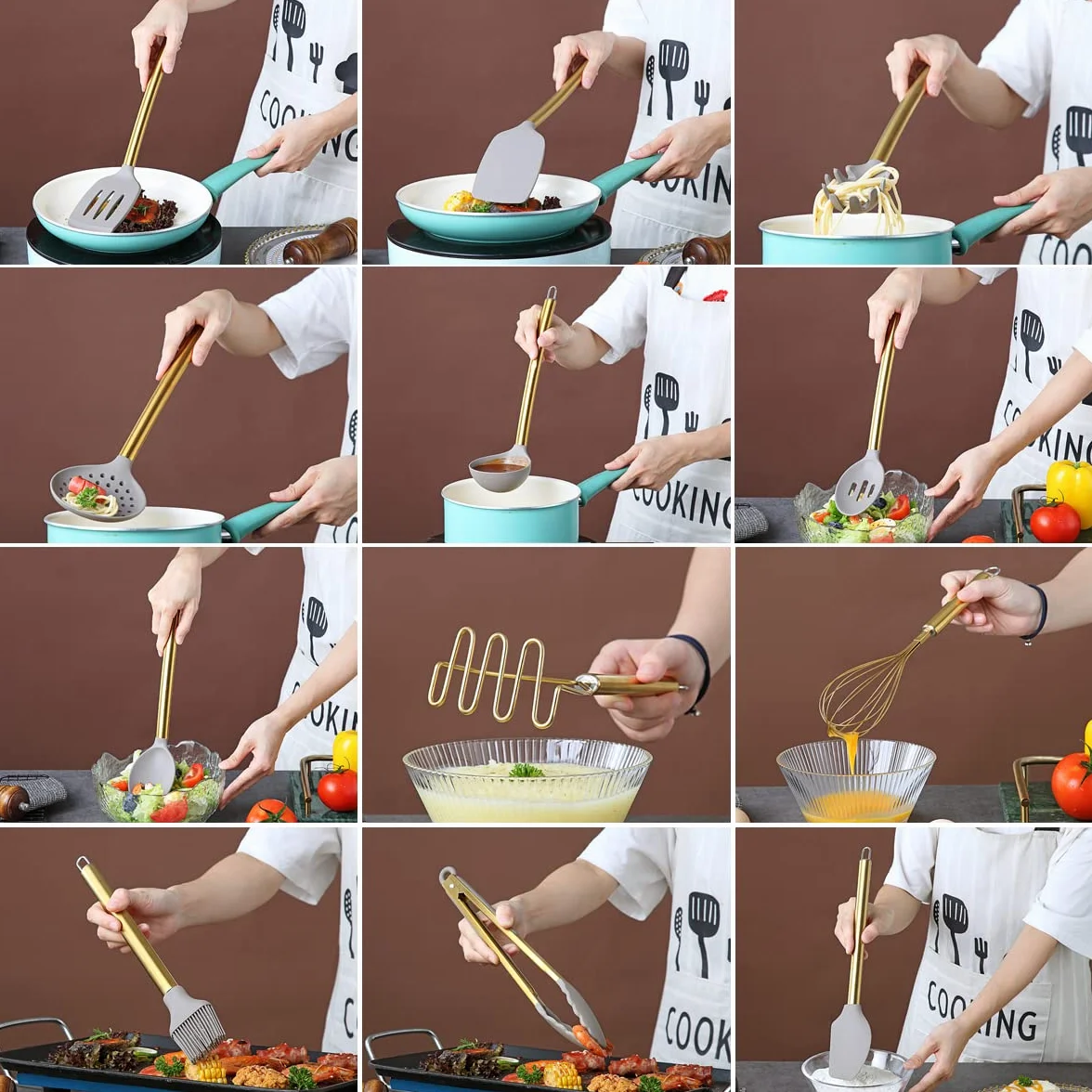 Berglander Set di utensili da cucina dorati 38 pezzi in silicone antiaderente, set di spatole a cucchiaio con robusto supporto per utensili in acciaio inossidabile