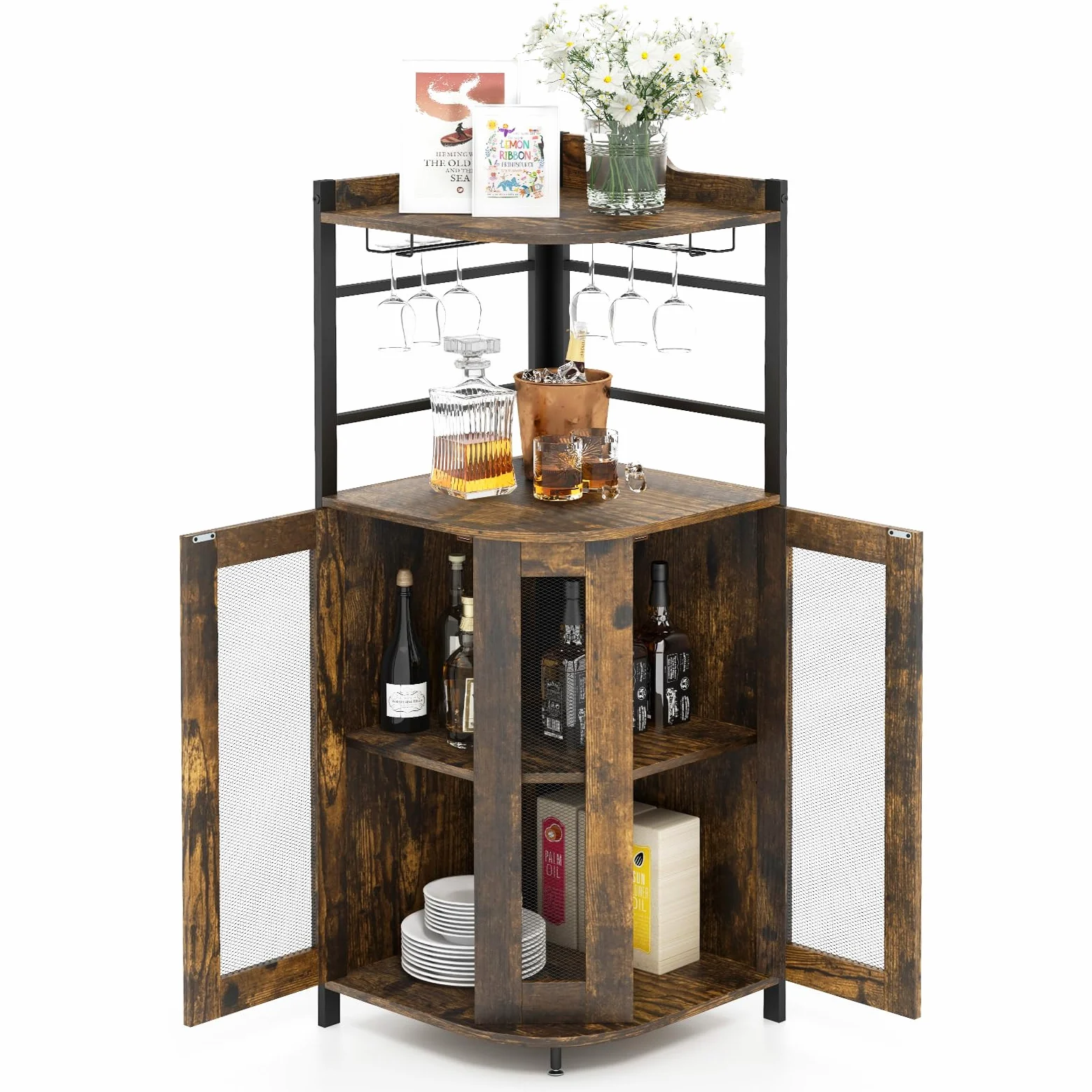 GYMAX Armadietto per Vini ad Angolo in Stile Industriale con Ripiano Regolabile e Porta a Rete, Armadietto con Porta Bicchiere da Vino, Armadietto su Gambe per Bar, Cucina, Soggiorno (Marrone)
