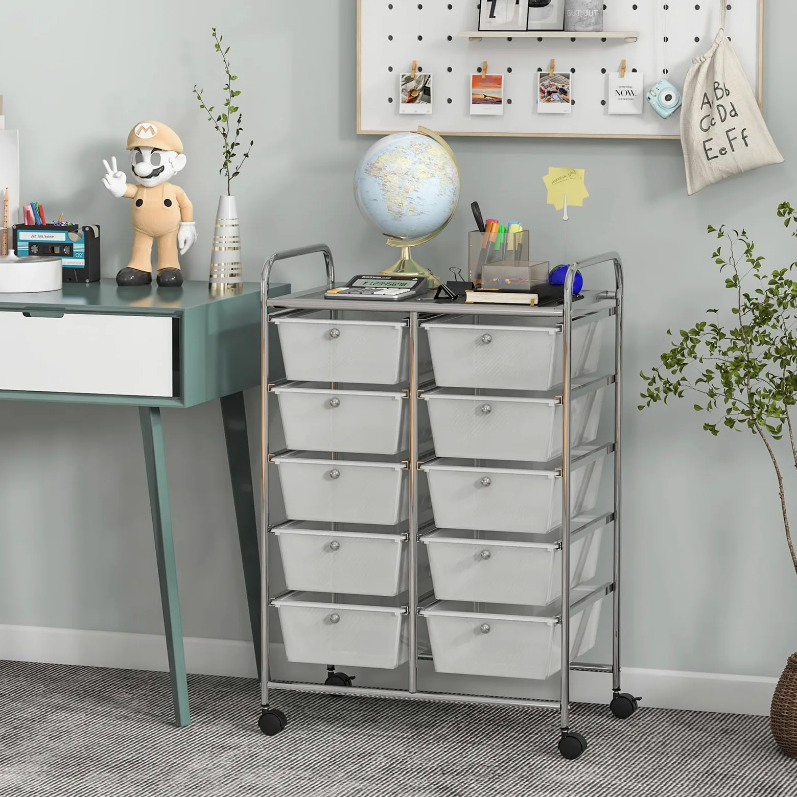 GIANTEX Carrello con 10 cassetti, impilabile, carrello per cassetti, carrello da cucina con ruote bloccabili, carrello per cucina, bagno, ufficio, 65,5 x 37 x 87 cm, trasparente