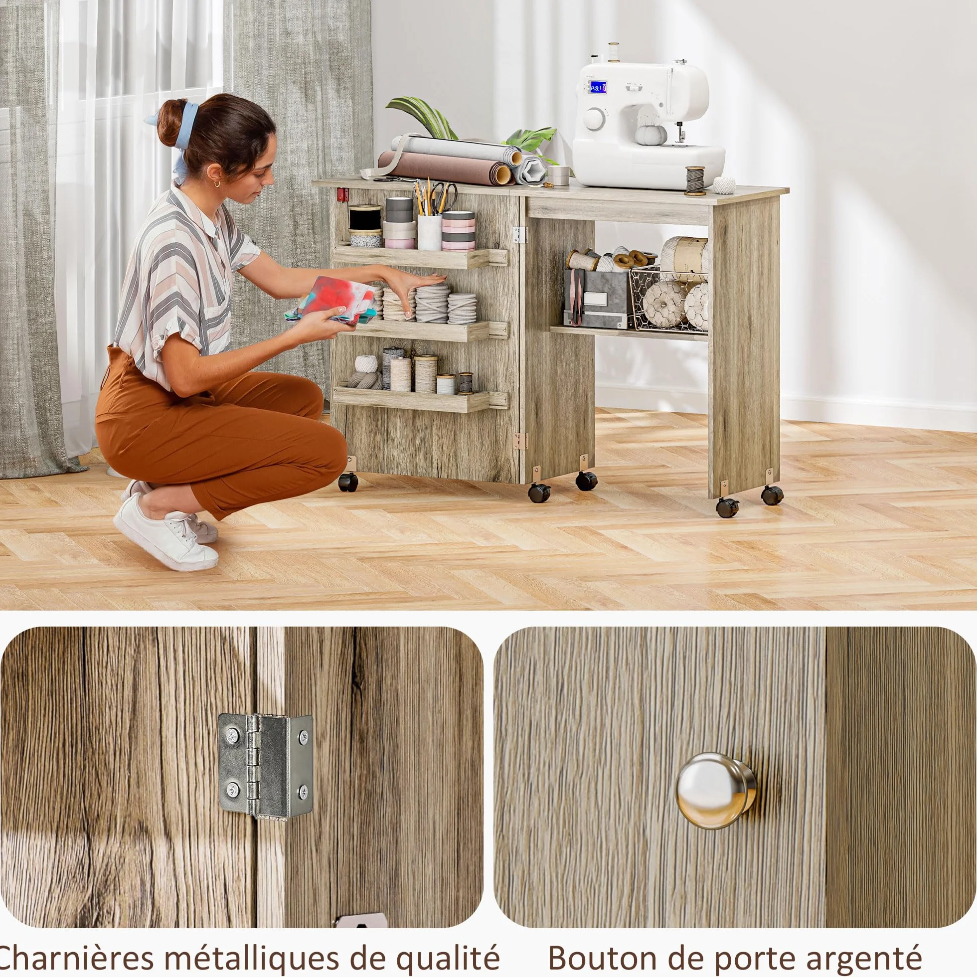 HOMCOM Tavolo da cucito pieghevole, mobile da cucito con cassetti portaoggetti, ripiano aperto e ruote, mobile per macchina da cucire, per soggiorno, ufficio, 117 x 40 x 77,5 cm, effetto legno grigio