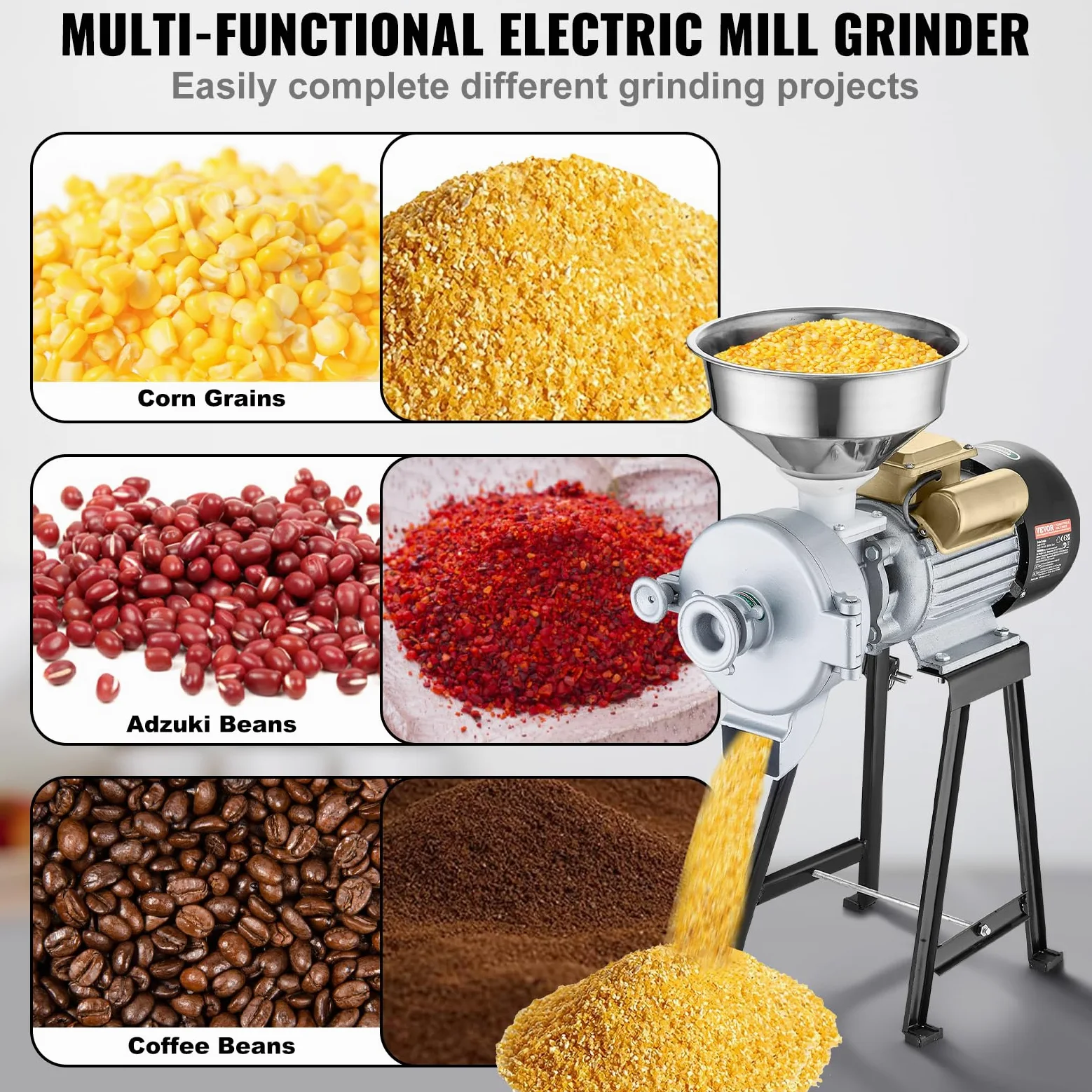 VEVOR Mulino Elettrico per Cereali, Macina Spezie 3000 W, Mulino per Mais con Imbuto, Macchina per Polvere Spessore Regolabile, Mulino per Cereali per Farina Impieghi Gravosi, Macina a Secco o Umido