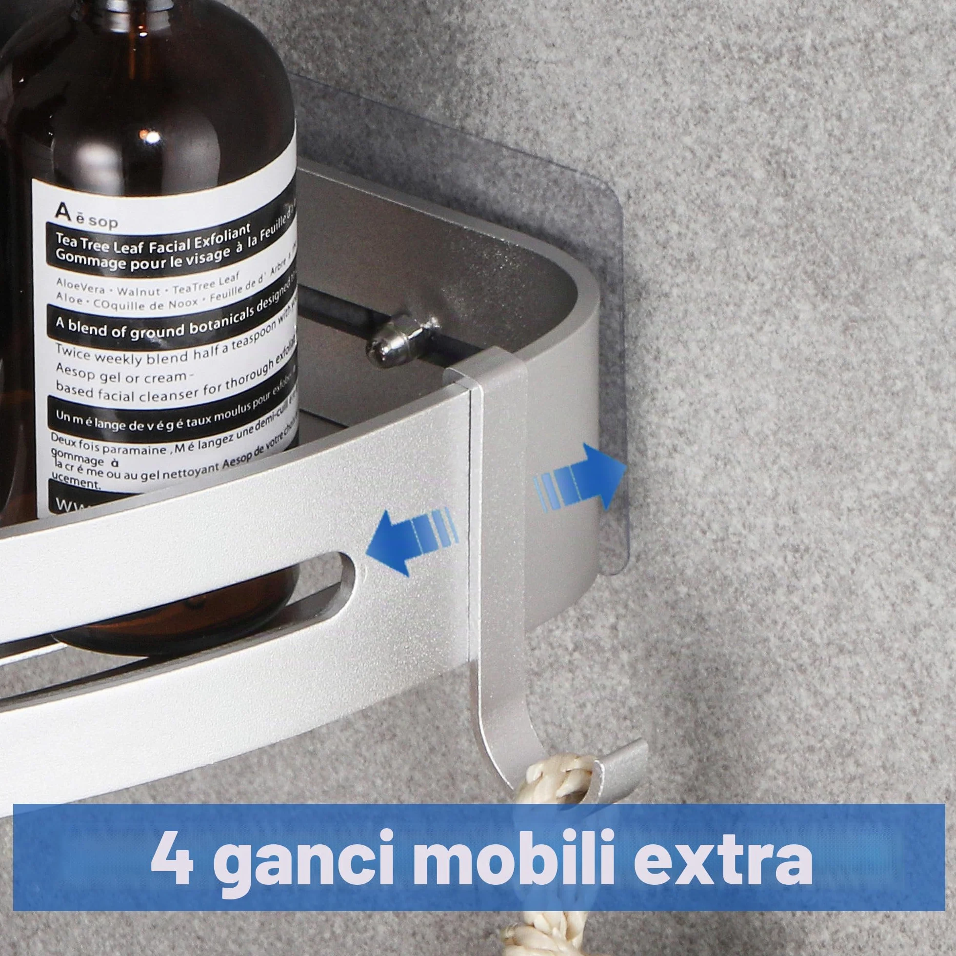Mensola da Doccia Senza Foratura Angolare Adesiva in Metallo con 4 Ganci 2 Pezzi Argento GRICOL