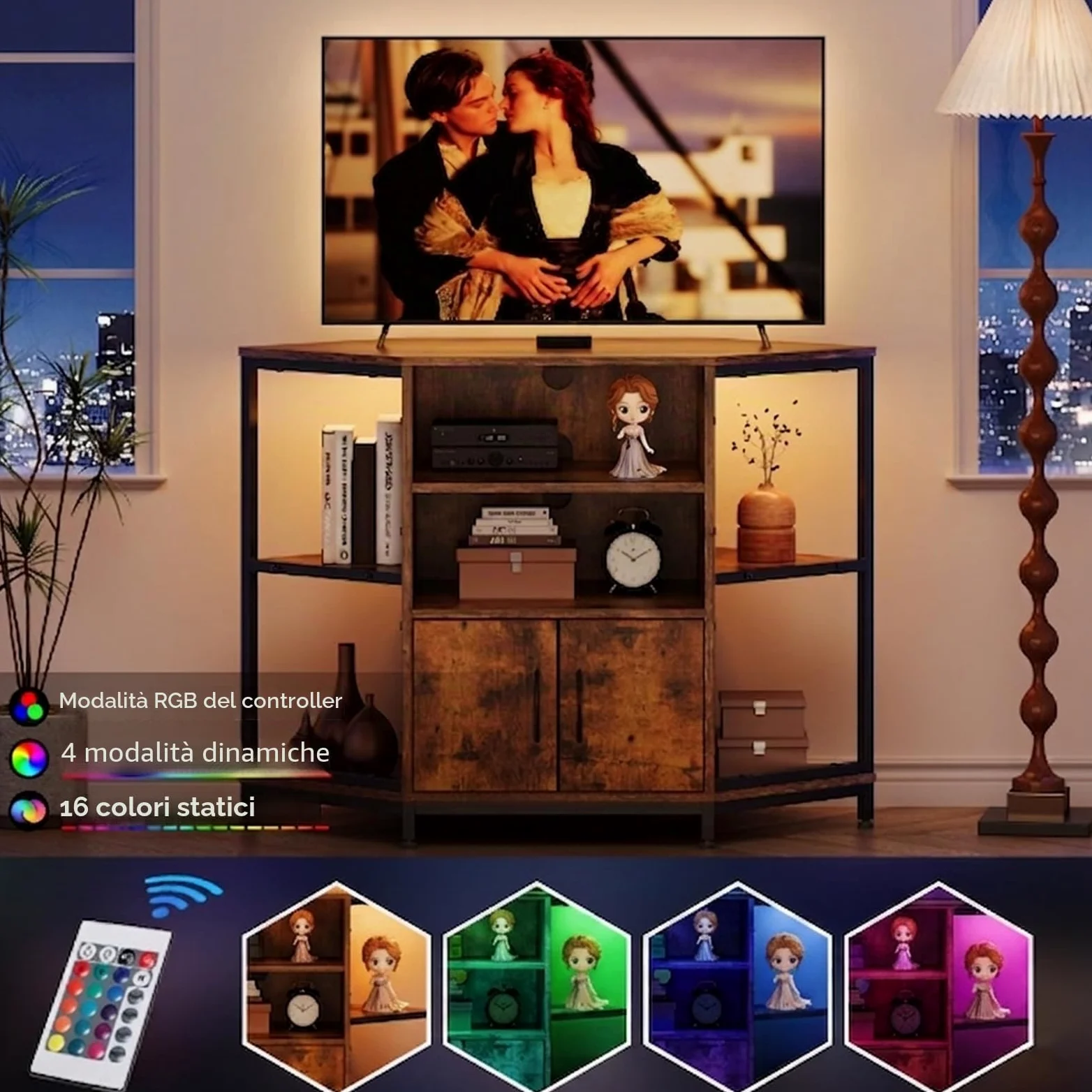 Dripex Mobile angolare per TV con illuminazione a LED, per soggiorno, design industriale, 105 x 50 x 79 cm, marrone vintage