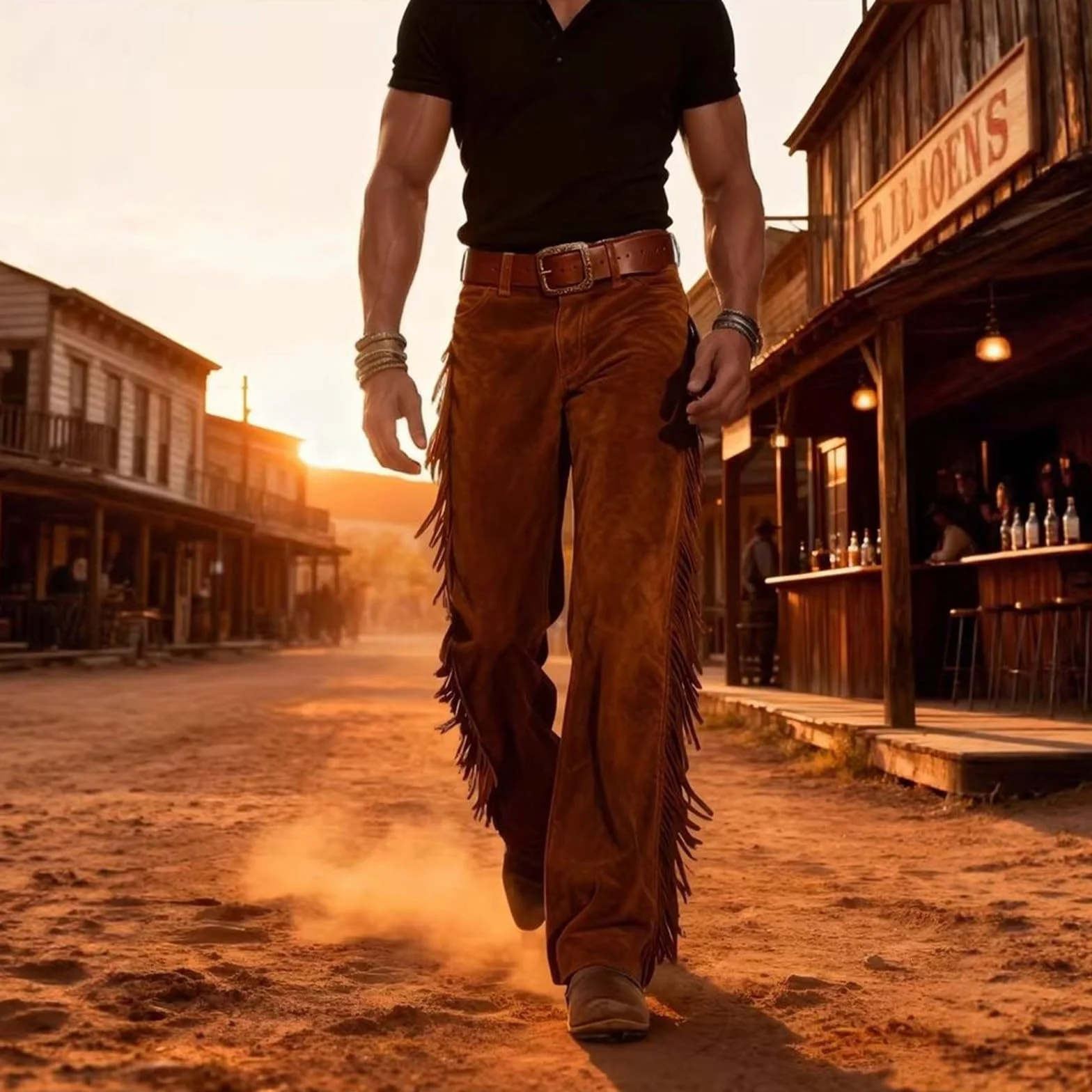 Cowboy Pantaloni da uomo Western Hippie con frange in pelle scamosciata a vita alta elasticizzata