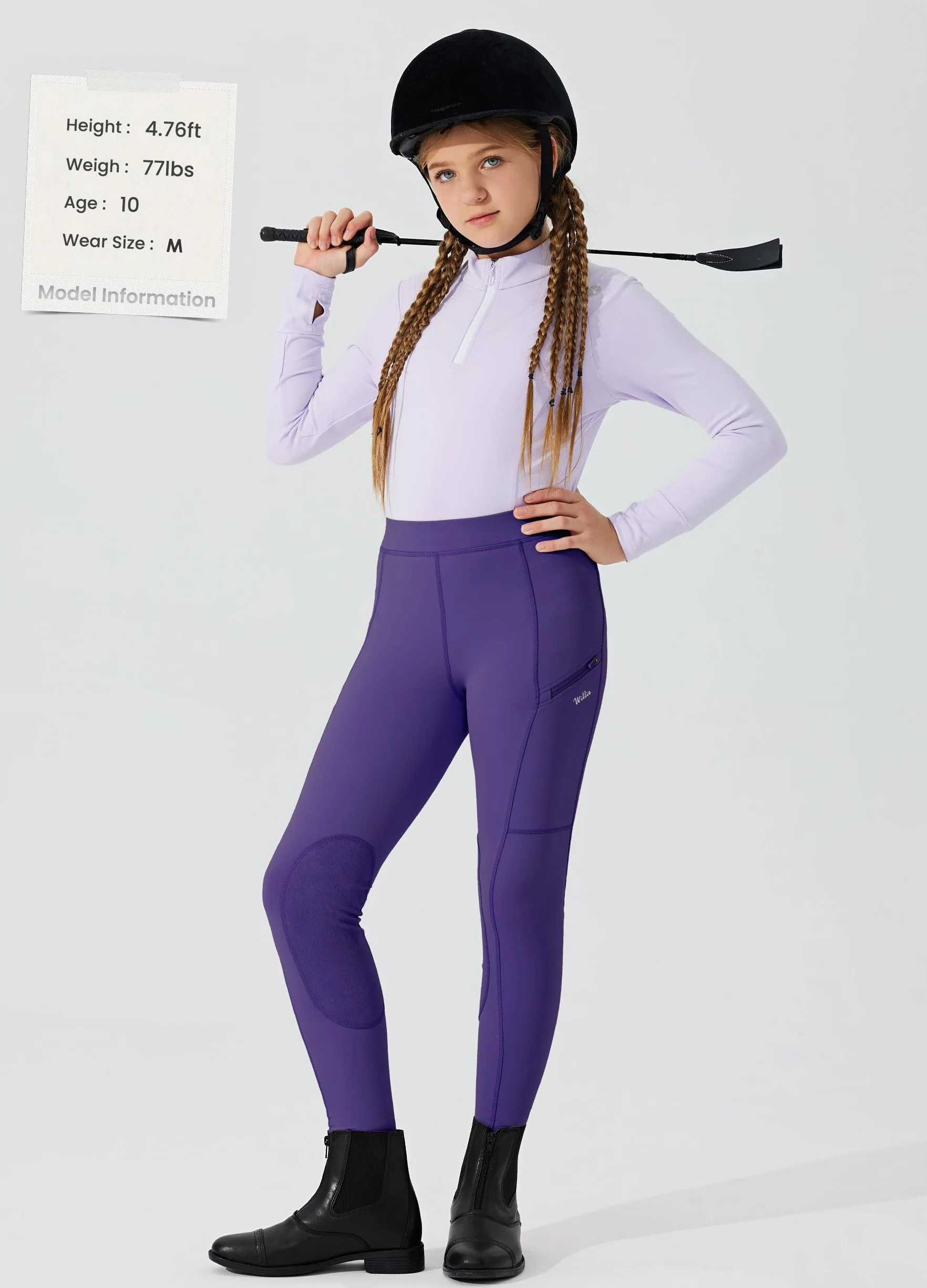 WILLIT Pantaloni da equitazione per bambini, inserti al ginocchio, estivi, traspiranti, elastici con tasche