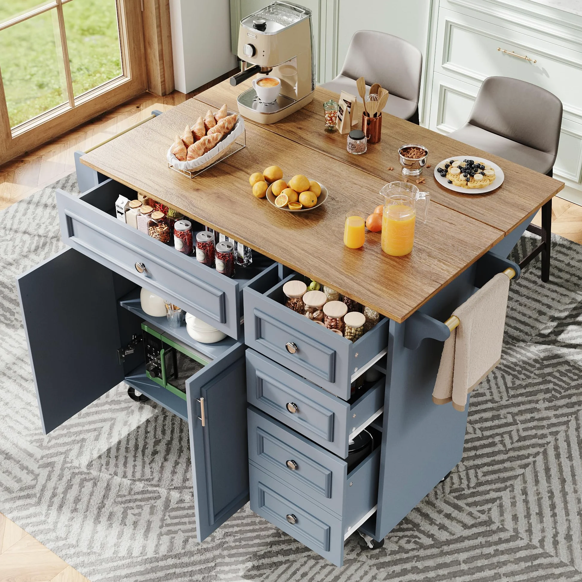 TIZZ Isola da cucina, 110 x 45 x 75 x 92 cm, moderna credenza da cucina, carrello da portata rimovibile, stile vintage, tavolo da pranzo multifunzione con spazio di archiviazione, blu