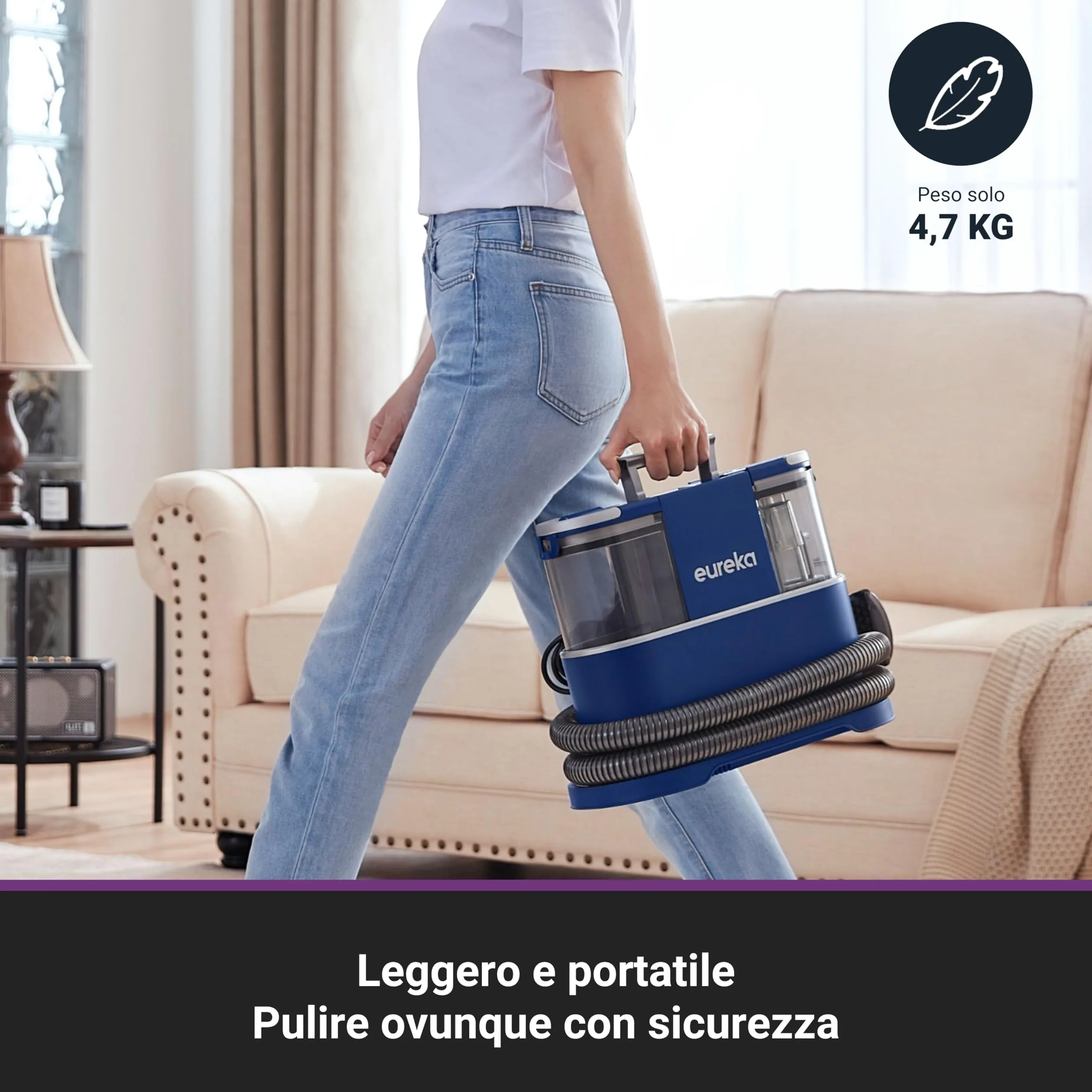 Eureka NEY100 Detergente Portatile per Moquette e Tappezzeria| Smacchiatore Multisuperficie per Moquette,Tappeti,Scale e Auto | Rimuove lo Sporco,Liquidi e le Macchie | Serbatoio d'acqua da 1,5 Litri