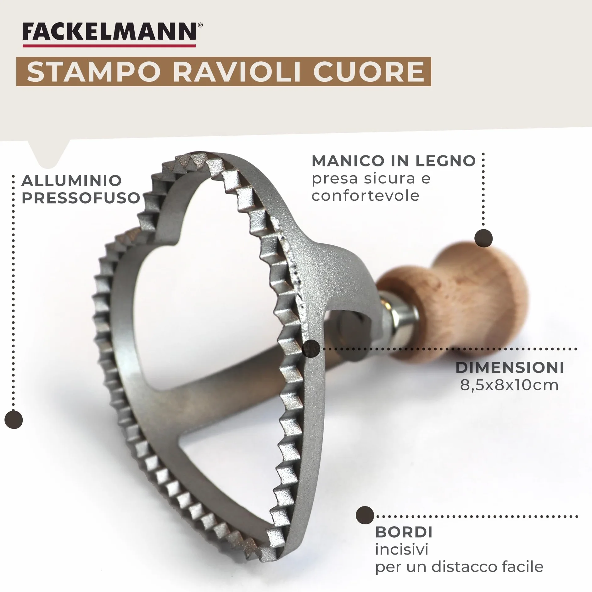 Fackelmann Stampino ravioli a cuore, legno faggio, alluminio, 8,5x8x10cm, Linea Home Cooking Italian Pasta
