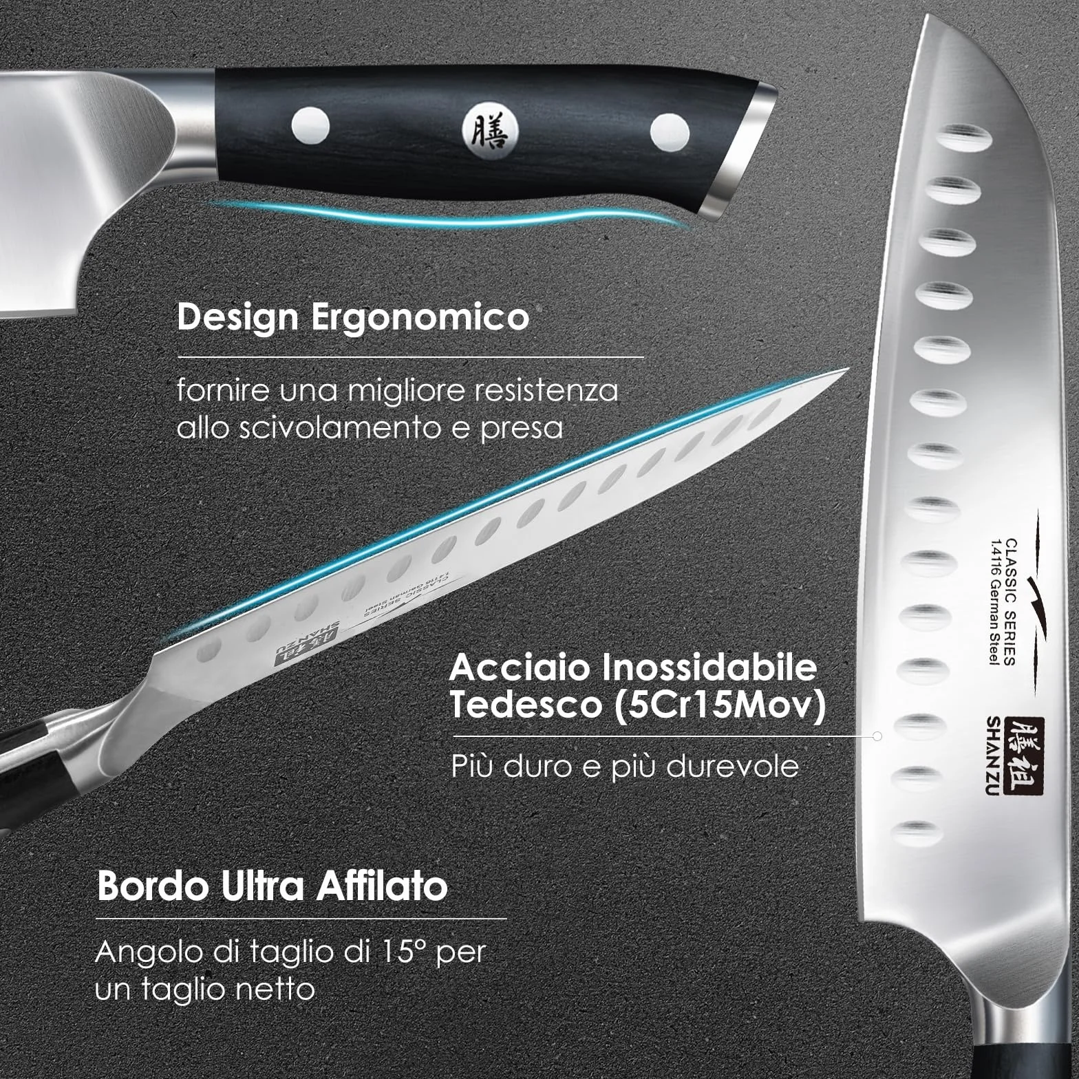 SHAN ZU Coltello da Chef Santoku 18 cm Acciaio Inox German 3 Strati Manico Pakkawood