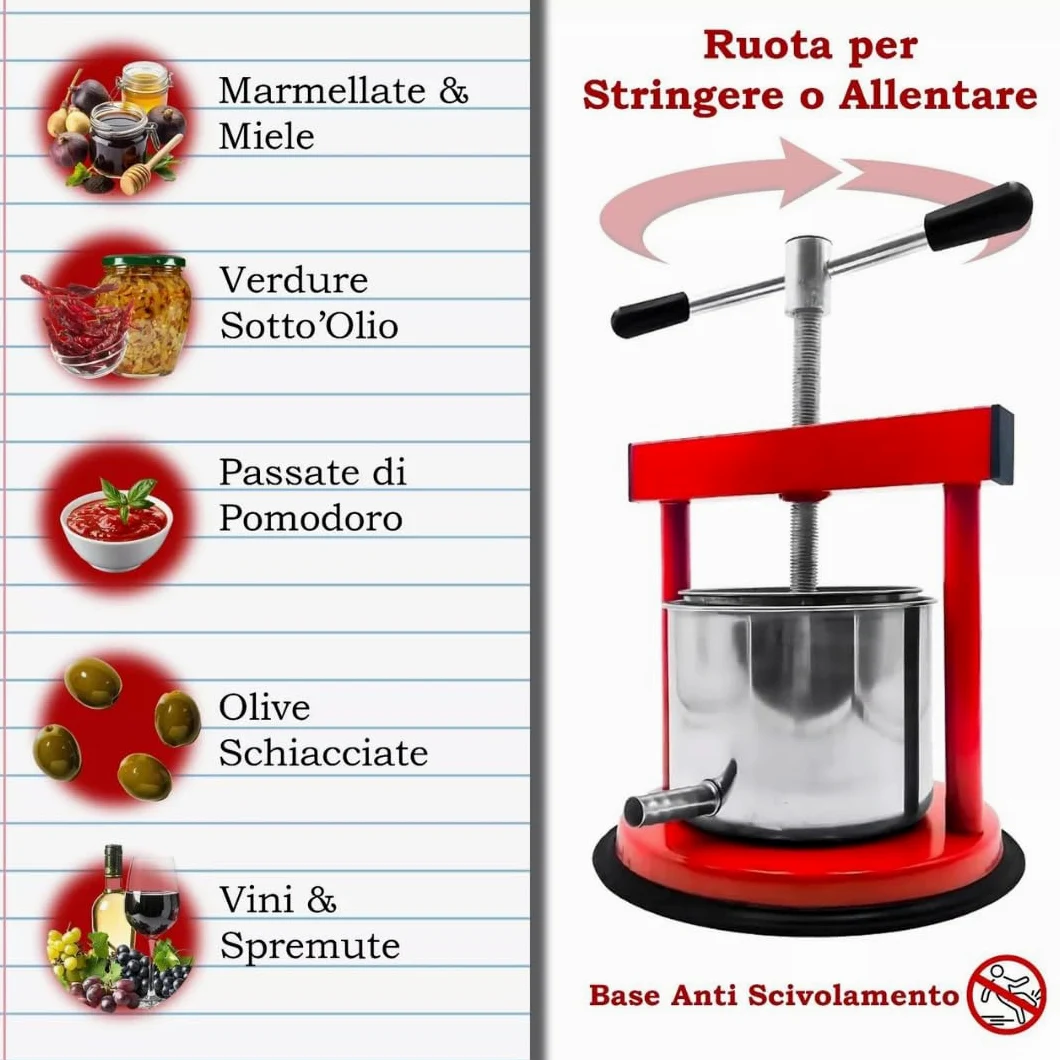Torchio per Melanzane Uva Torchietto Premitutto Piccolo Grande Diverse Dimensioni In Acciaio Inox Filtro Tubo Scarico Manovella Facile Utilizzo Uva (Acciaio Inox 5 litri Rosso)