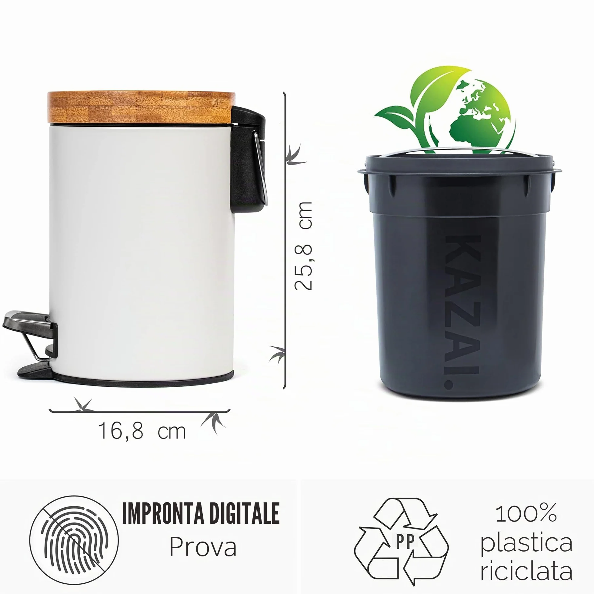 Kazai Cestino da Bagno Design 3 Litri Bambù Superiore Chiusura Silenziosa Bianco