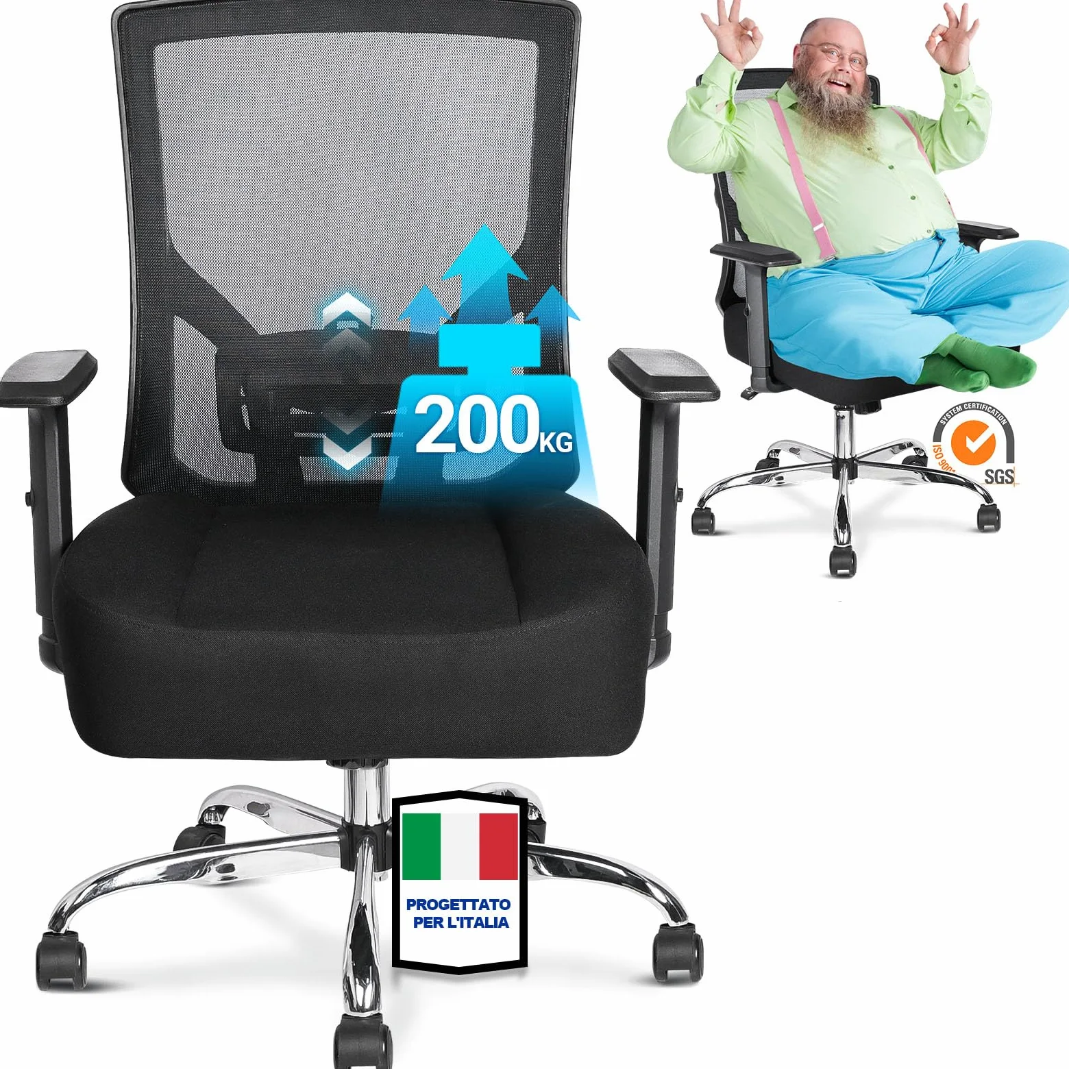 MELOKEA Sedia Ufficio Ergonomica XXL, Big & Tall con Seduta a Molle | 200kg Portata, Schienale Alto, Seduta Extra Larga 14cm, Ruote in Gomma, Sedia Gaming