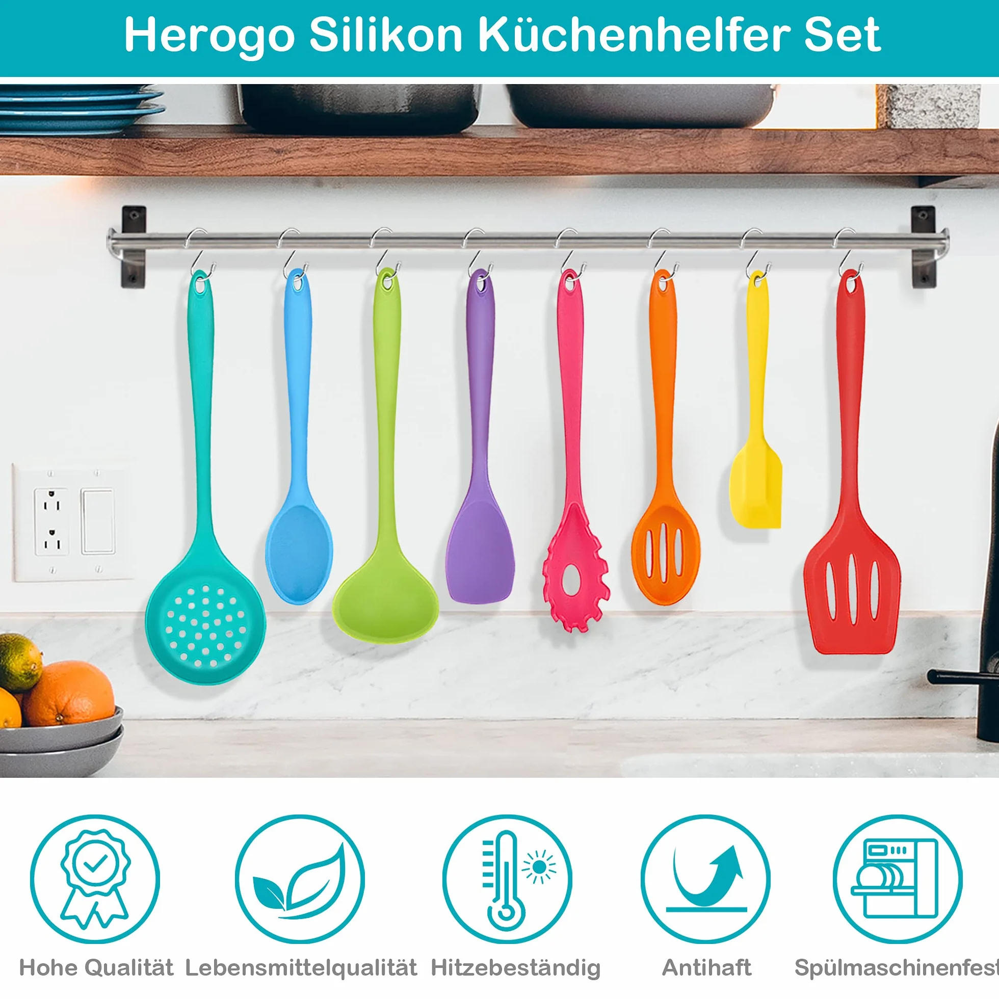 Herogo Set di 8 posate da cucina in silicone, antiaderenti, resistenti al calore, set di utensili da cucina, con spatola in silicone, cucchiaio/paletta, mestolo, colorato