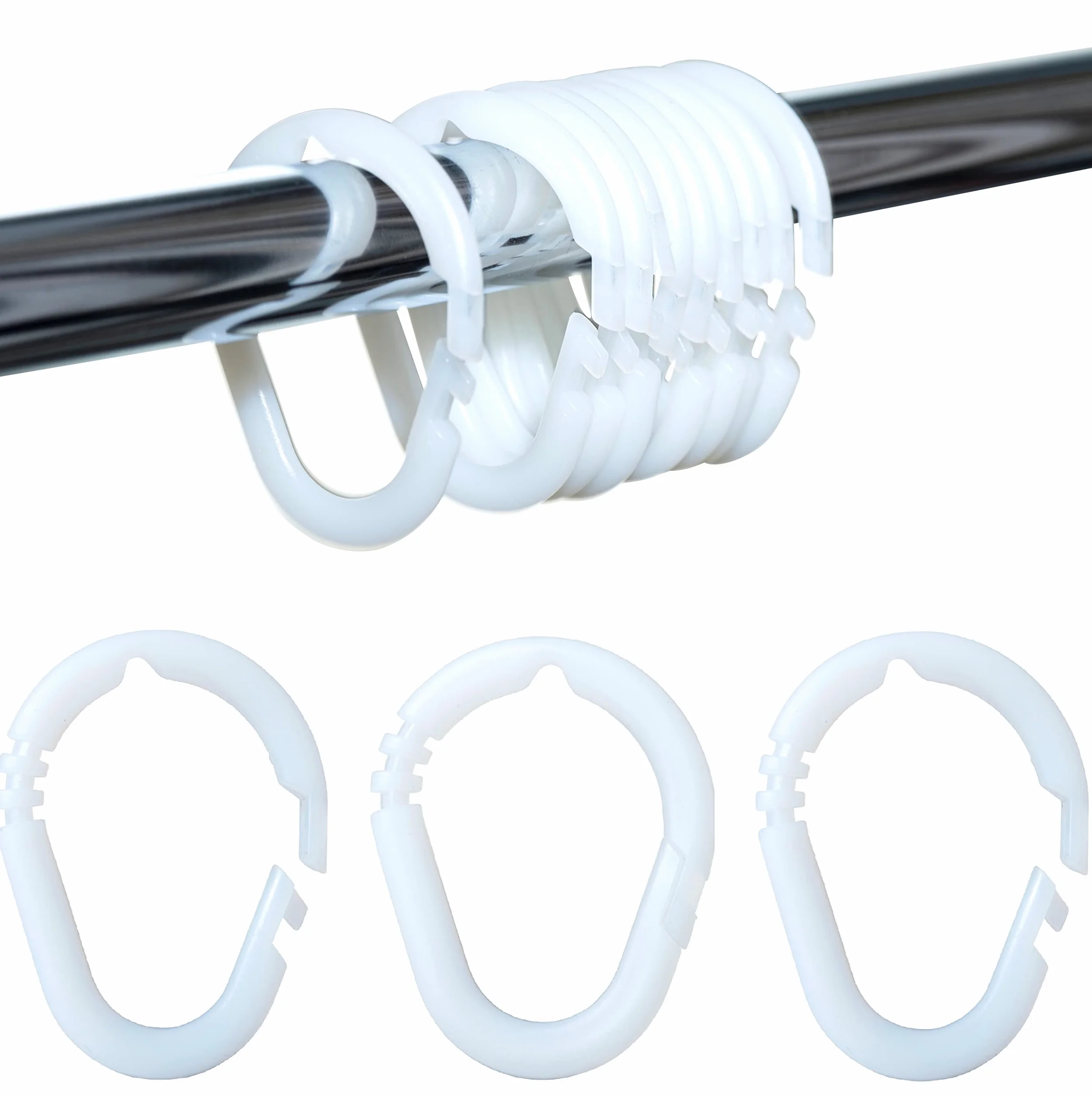 IPEA Anelli per Tende Doccia con Gancio Apribile 24 pezzi Made in Italy Plastica Super Resistente Scorrevole per Asta Tenda Bagno Bianco 45 x 35 mm