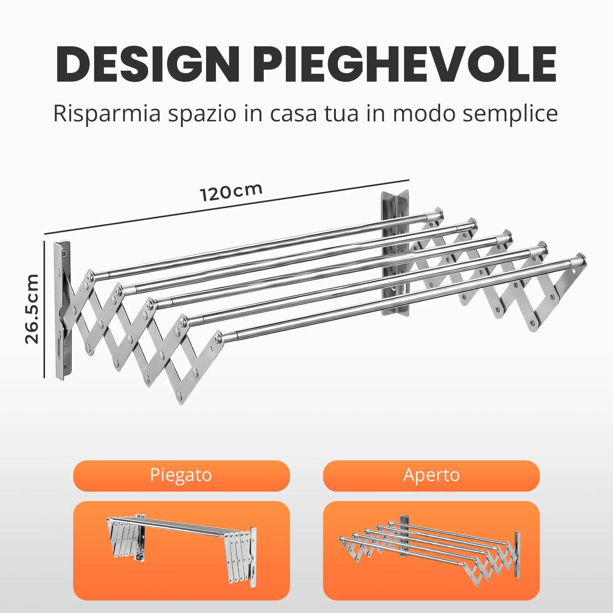JUPPLIES Stendino da Parete Estensibile 120 cm – Stendibiancheria a Muro Richiudibile – 5 Barre Acciaio Inossidabile
