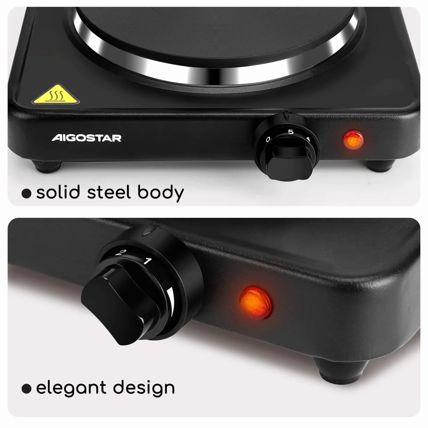 Aigostar Piastra Elettrica 1500W Fornello Portatile Ghisa Riscaldamento Rapido Temperatura Regolabile Nero