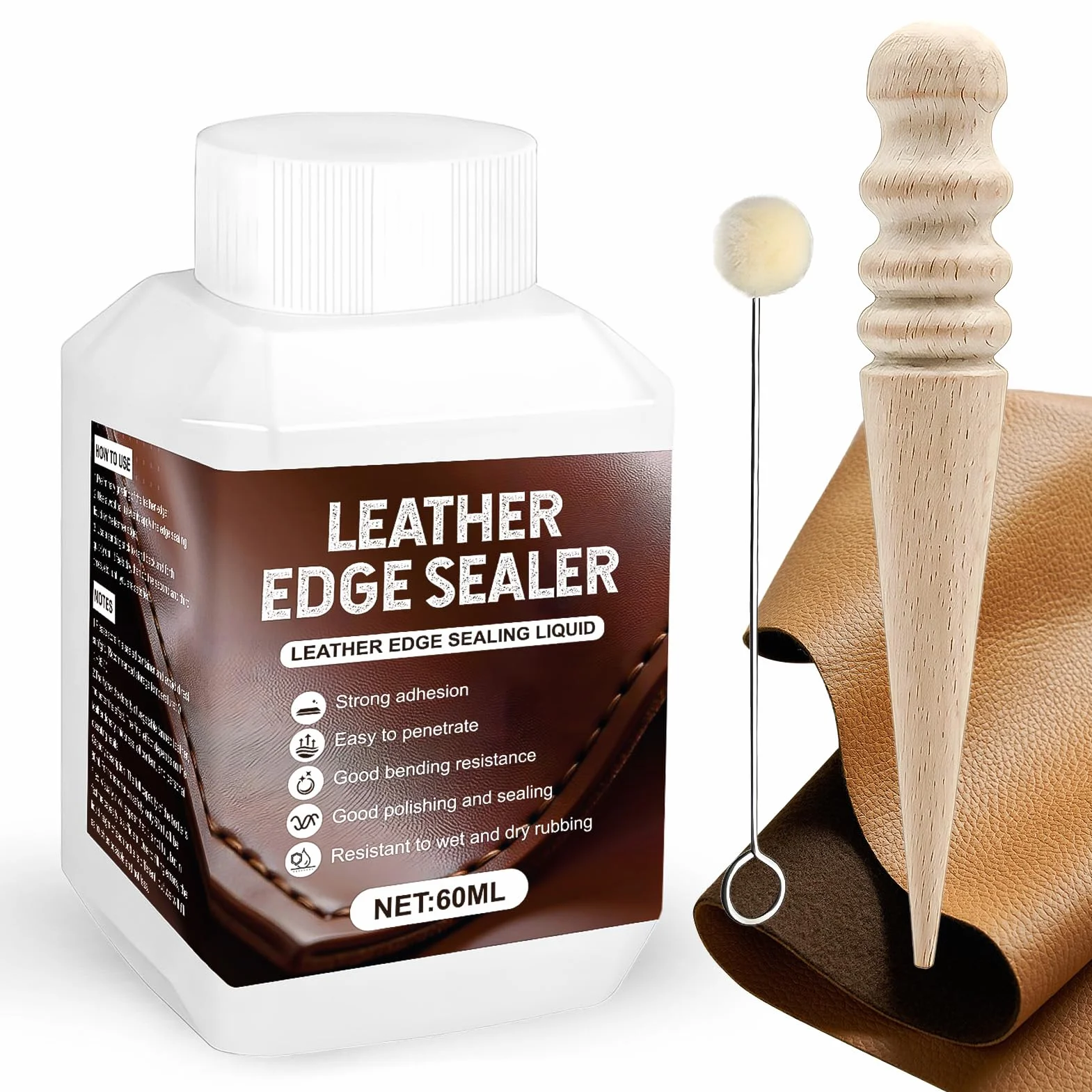 Vernice per Pelle, Kit Riparazione Pelle, Sigillante Potente, Adatto per Sigillare I Bordi di Portafogli, Cinture, Scarpe e Altri Articoli in Pelle, con Utensile per Rettific, 60ml