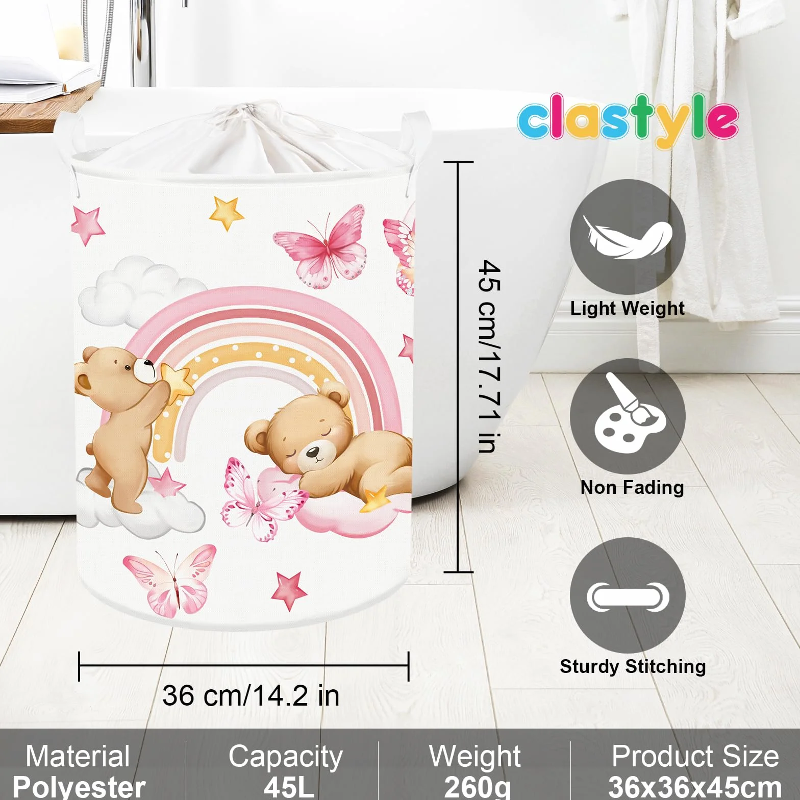 Clastyle Ceste Biancheria Bambini Arcobaleno Cestino Giocattoli Vestiti Impermeabile per Ragazza Cestino Portaoggetti per Bagno Cameretta Bucato, Orso, 36x45 cm
