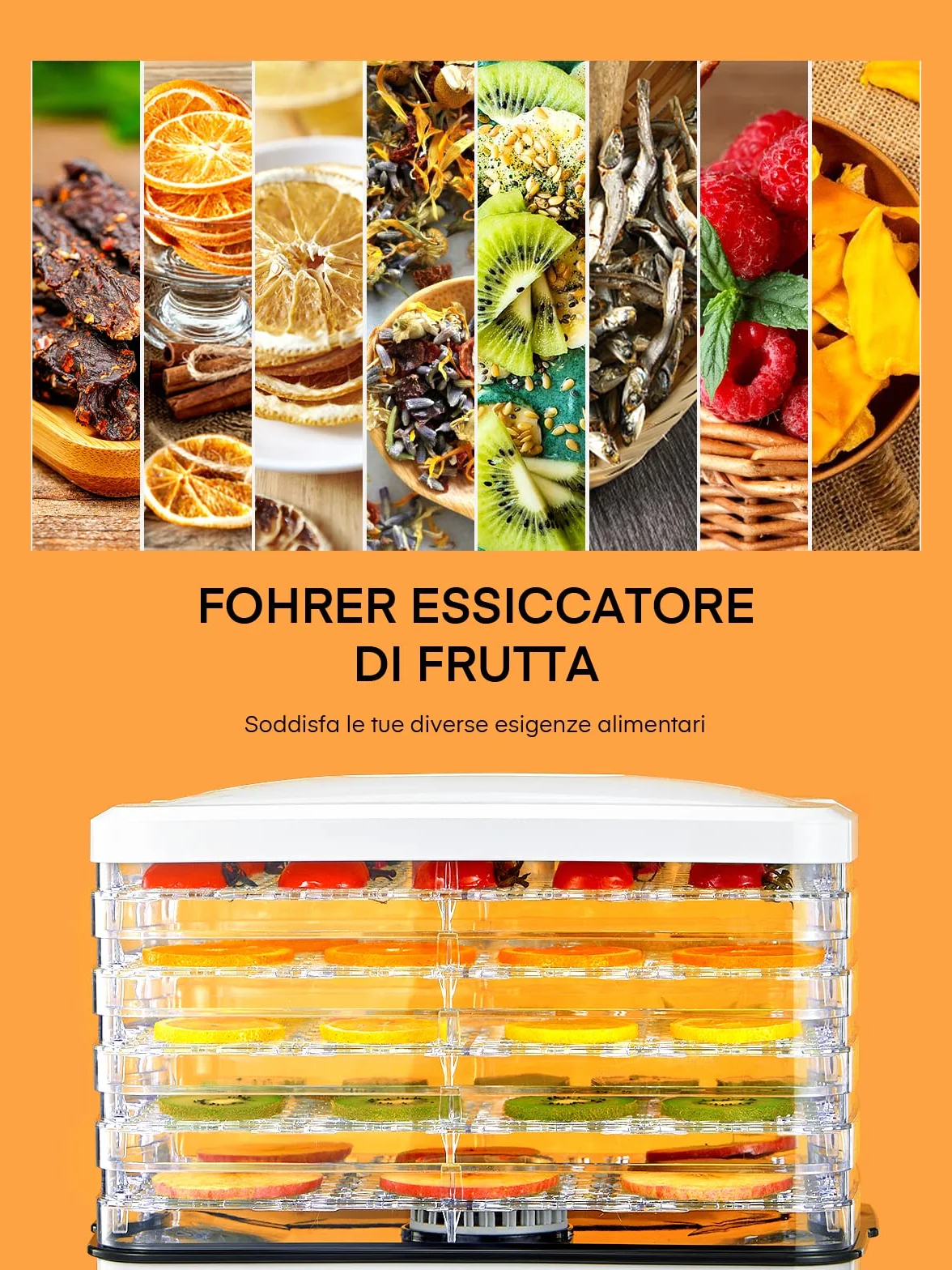 FOHERE Essiccatore Multifunzionale Per Frutta e Verdura, Disidratatore Per Alimenti Regolabile In Altezza 5 Ripiani Impilabili, Temperatura Regolabile (35°C-70°C), Adatto Per Frutta, Carne e Verdura