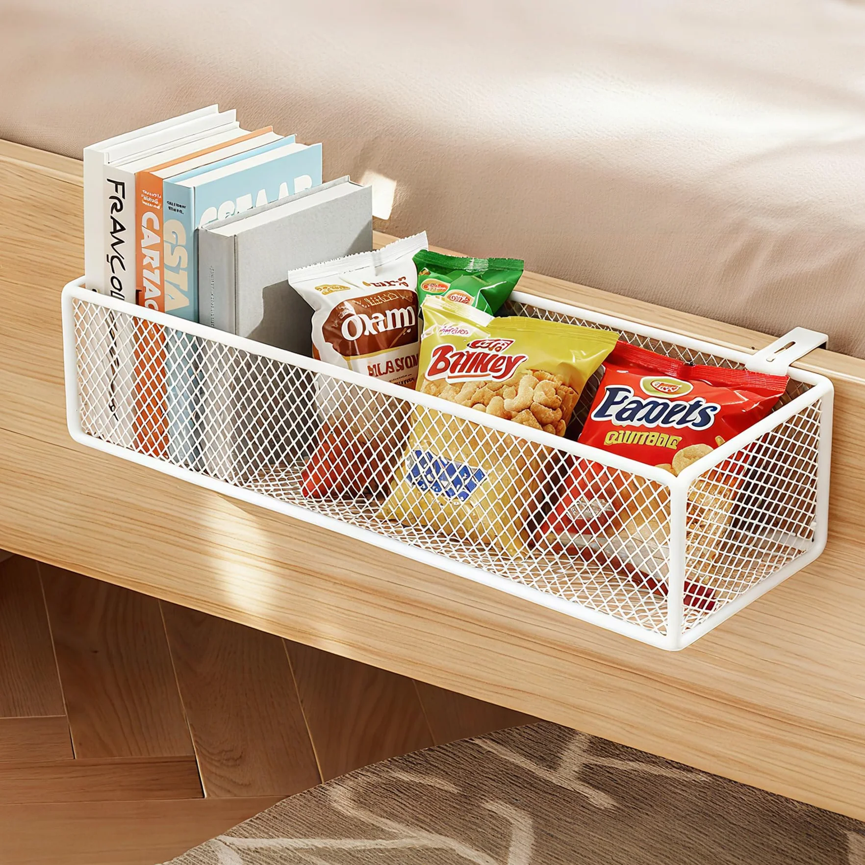 Organizer da appendere al comodino con scaffale laterale in metallo a rete per letto a castello - libri, telefono, occhiali