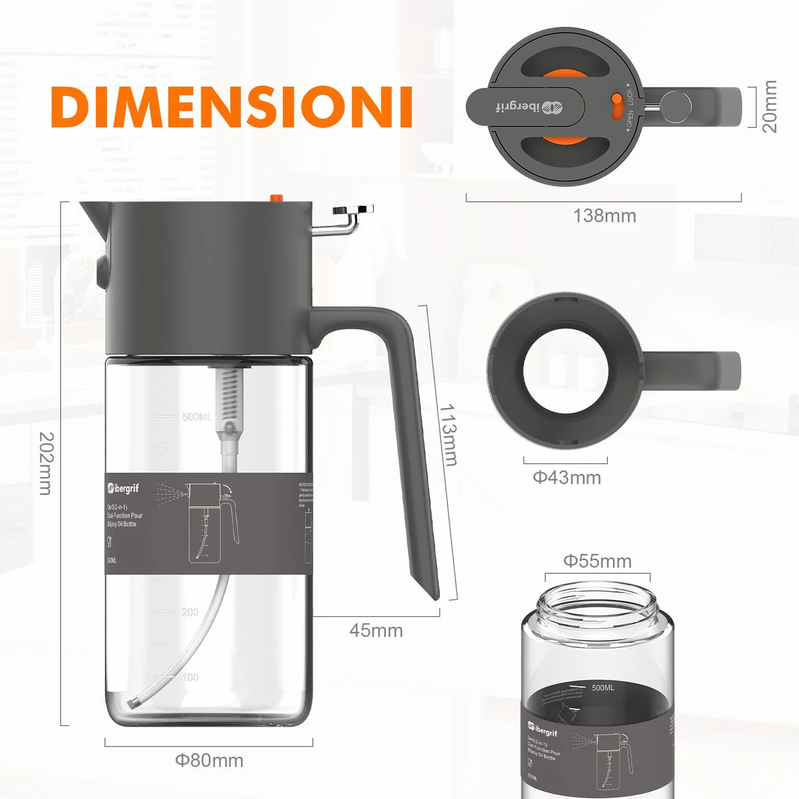 Ibergrif Spruzzatore Olio 2 in 1 500ml, Bottiglia Vetro Borosilicato Antigoccia per Friggitrice Aria
