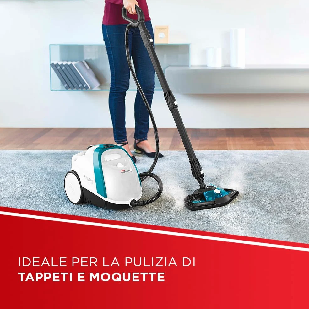 Polti Vaporetto Smart 100 T, Pulitore a Vapore con Caldaia ad Alta Pressione 4 Bar, Potenza Max 1500 W, 8 Accessori Inclusi, Bianco e Turchese